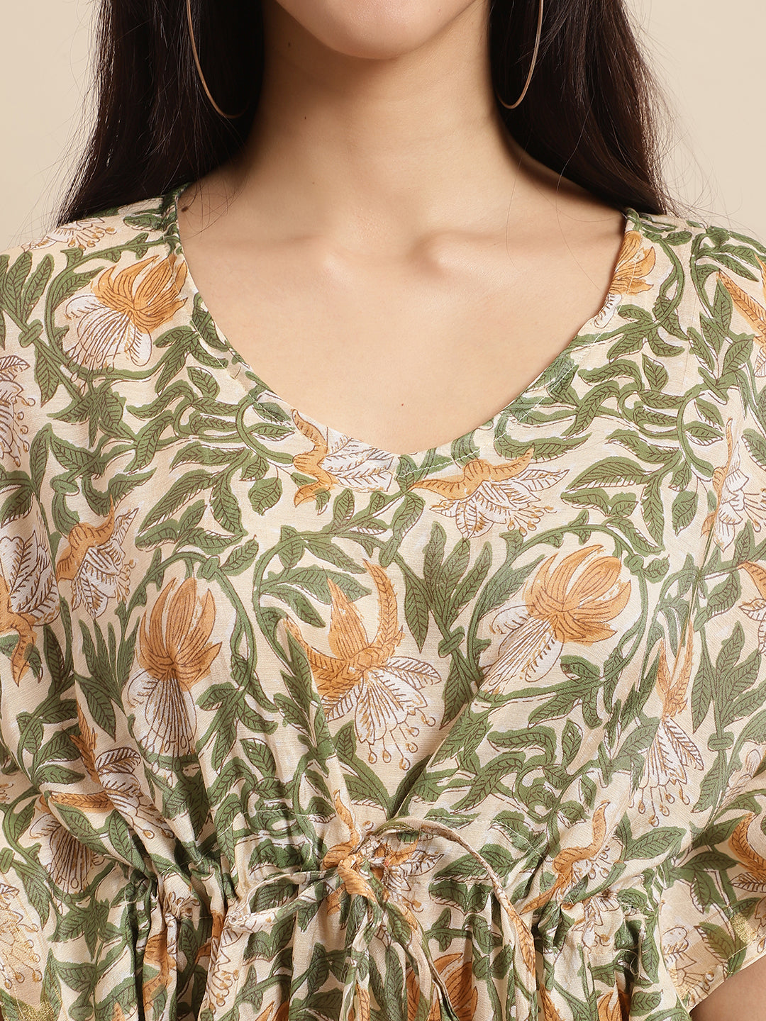 Aawari Floral Printed Green Chanderi Midi Dress with V-Neck & Short Sleeves - Kaftaan
