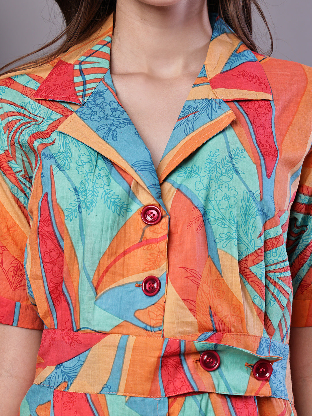 Aawari Tropical Print Button-Down Cotton Midi Dress - Midi Dresses / Western Wear / Dresses