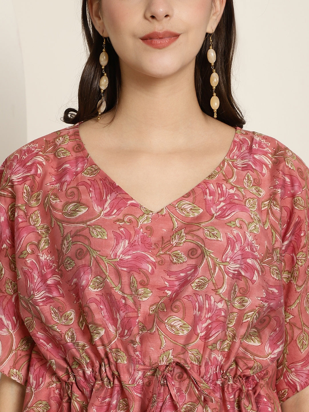 Aawari Rose Pink Floral Printed Chanderi Short Kaftaan Top