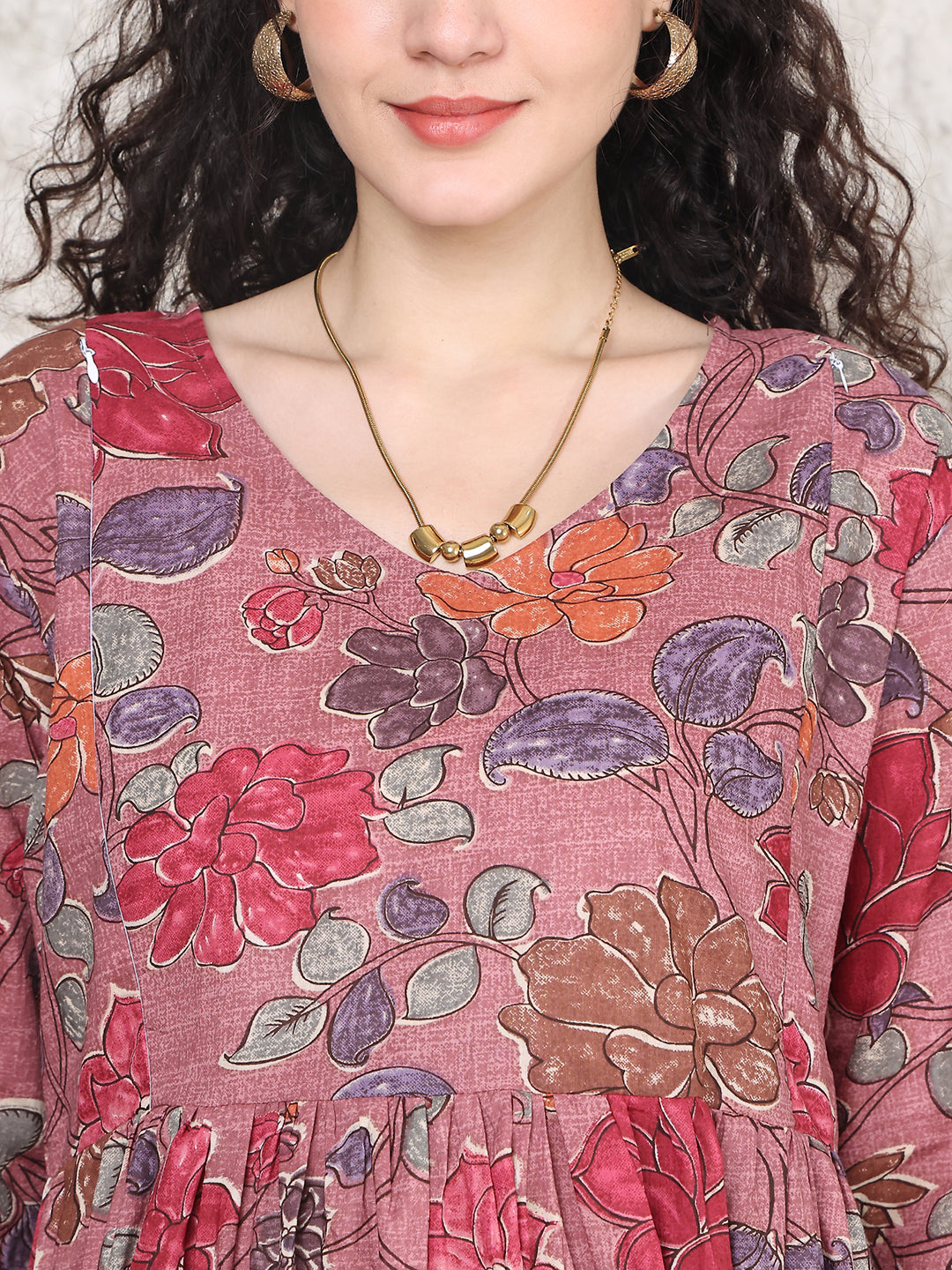 Aawari Dusty Rose Pink Floral Print Cotton Maternity Dresses with 3/4 Sleeves