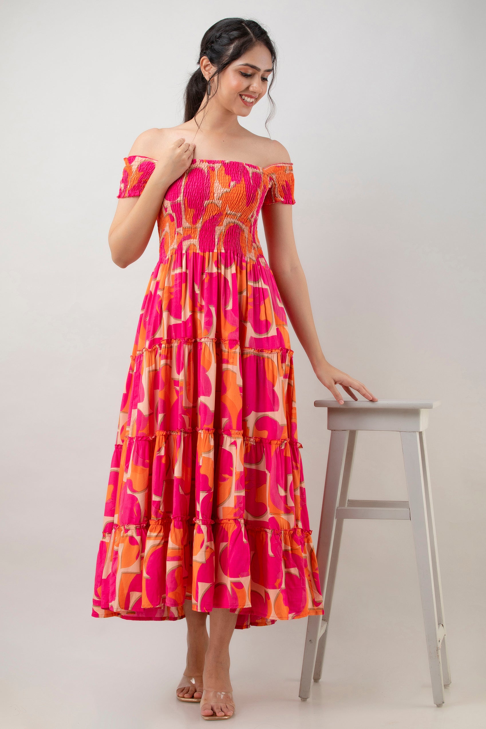 Aawari Women's Pink & Orange Abstract Print Smocked Off-Shoulder Tiered Maxi Dress - Dresses / Maxi Dresses / Western Wear