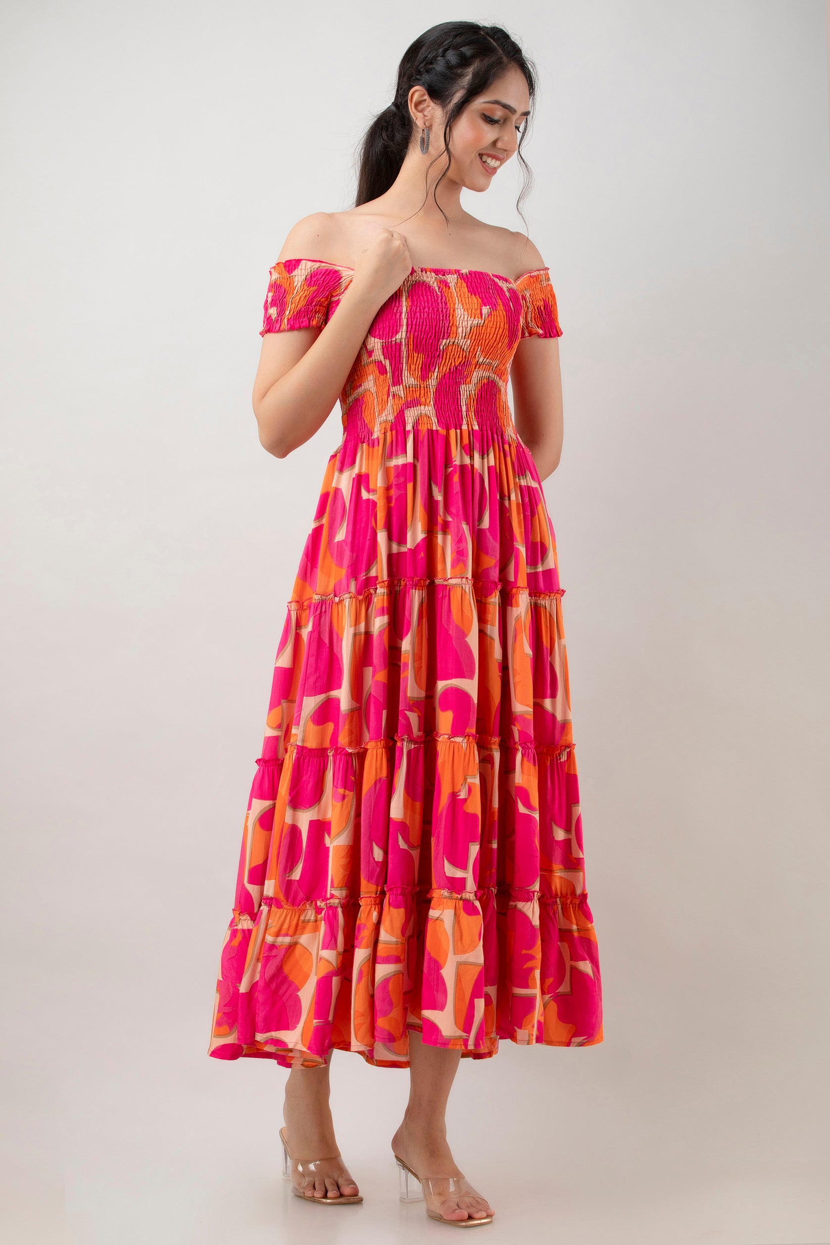 Aawari Women's Pink & Orange Abstract Print Smocked Off-Shoulder Tiered Maxi Dress - Dresses / Maxi Dresses / Western Wear