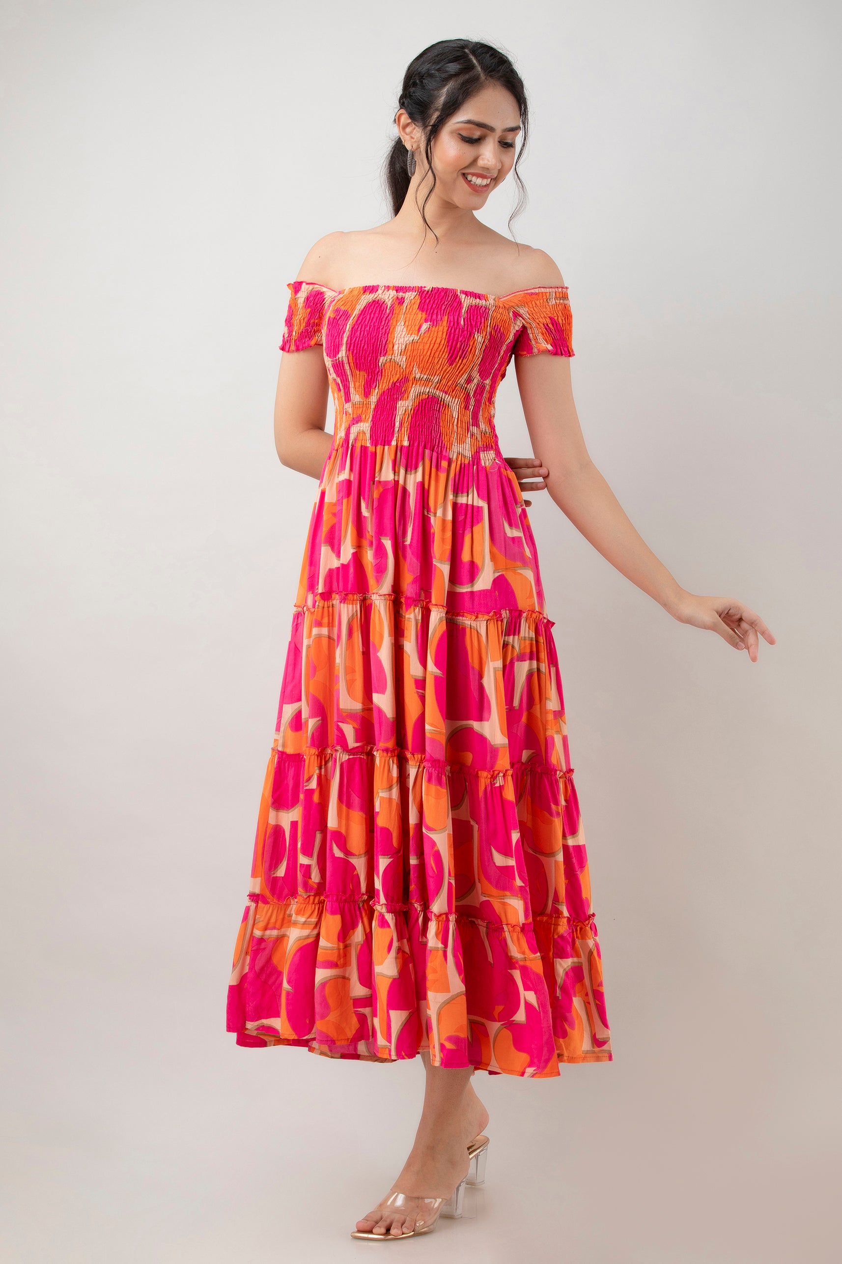 Aawari Women's Pink & Orange Abstract Print Smocked Off-Shoulder Tiered Maxi Dress - Dresses / Maxi Dresses / Western Wear