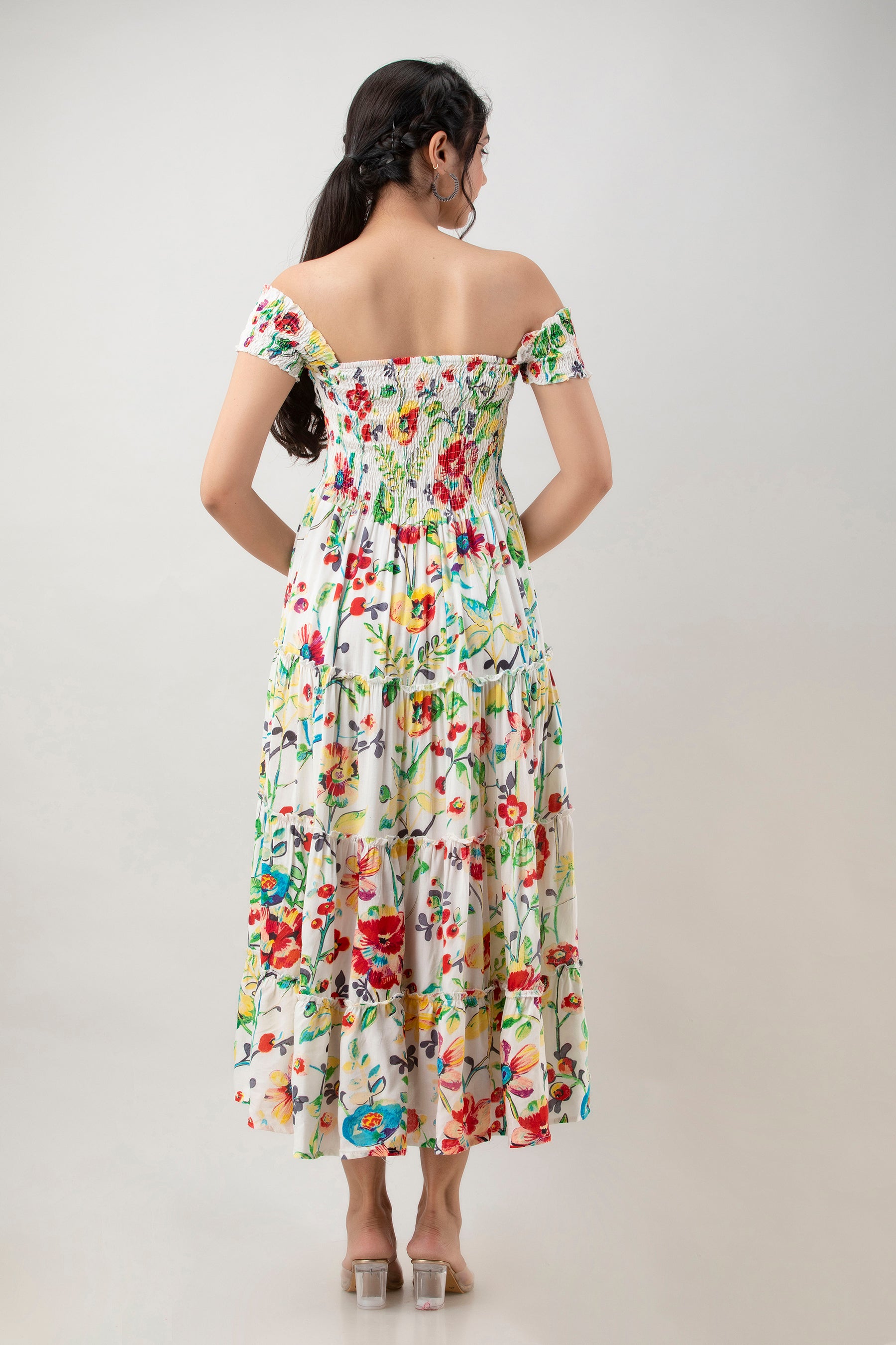 Aawari Women's White Multi-color Floral Printed Rayon Off-Shoulder Smocked Tiered Maxi Dress - Dresses / Maxi Dresses / Western Wear