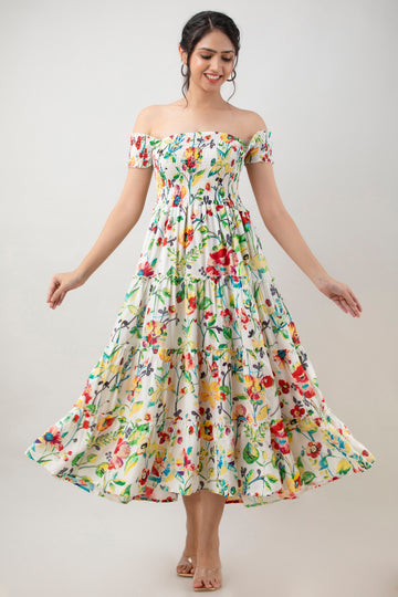 Aawari Women's White Multi-color Floral Printed Rayon Off-Shoulder Smocked Tiered Maxi Dress - Dresses / Maxi Dresses / Western Wear