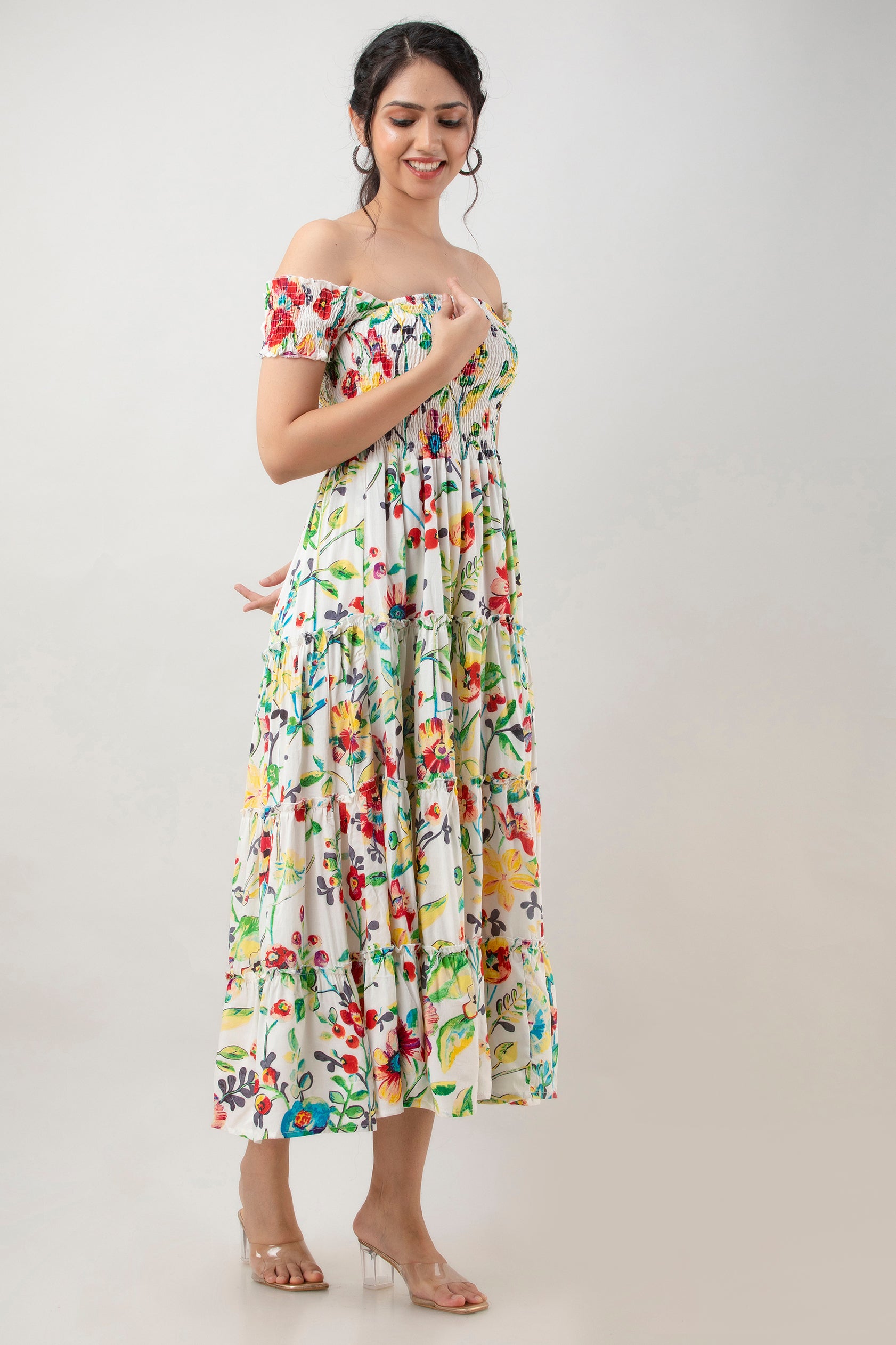 Aawari Women's White Multi-color Floral Printed Rayon Off-Shoulder Smocked Tiered Maxi Dress - Dresses / Maxi Dresses / Western Wear