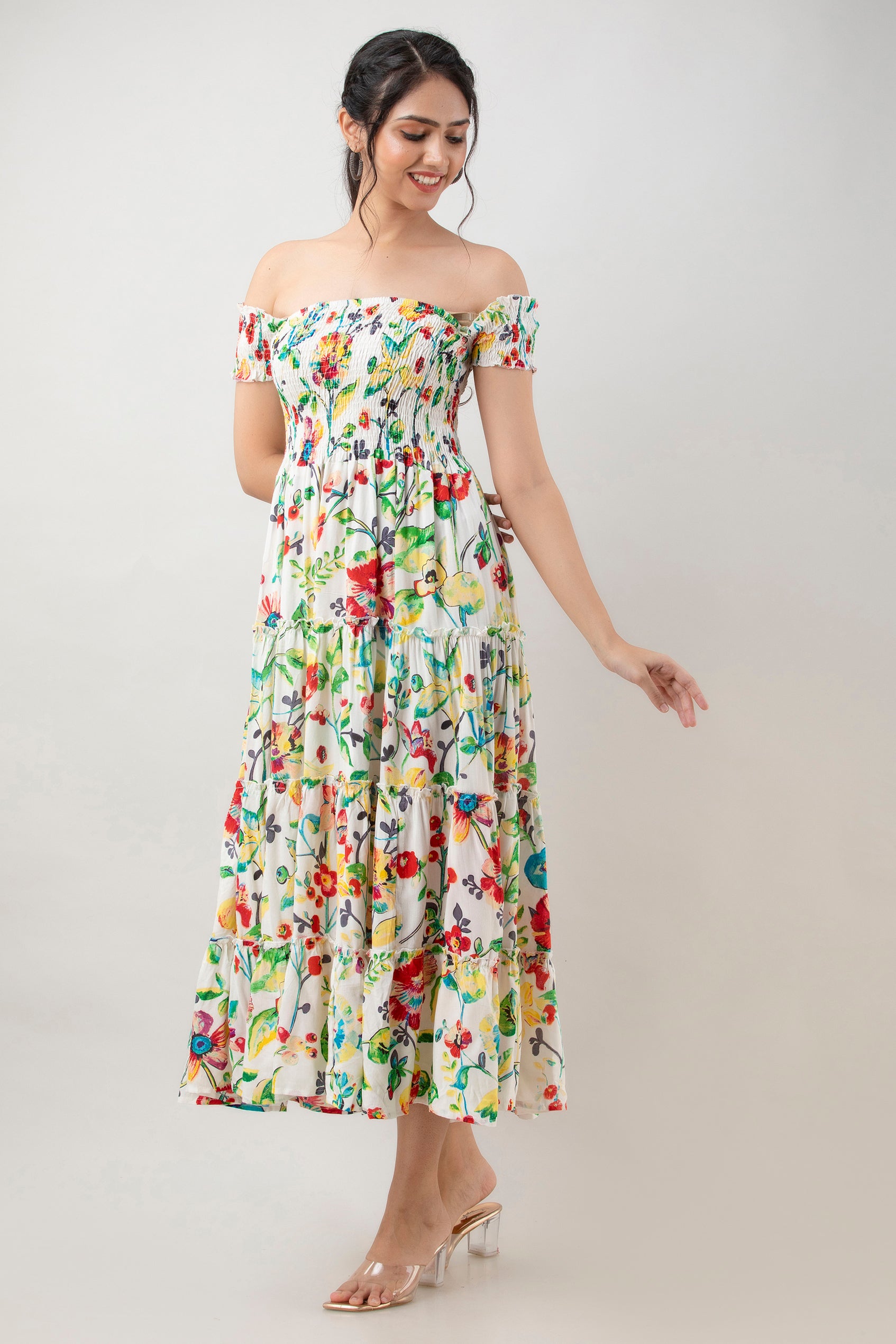 Aawari Women's White Multi-color Floral Printed Rayon Off-Shoulder Smocked Tiered Maxi Dress - Dresses / Maxi Dresses / Western Wear