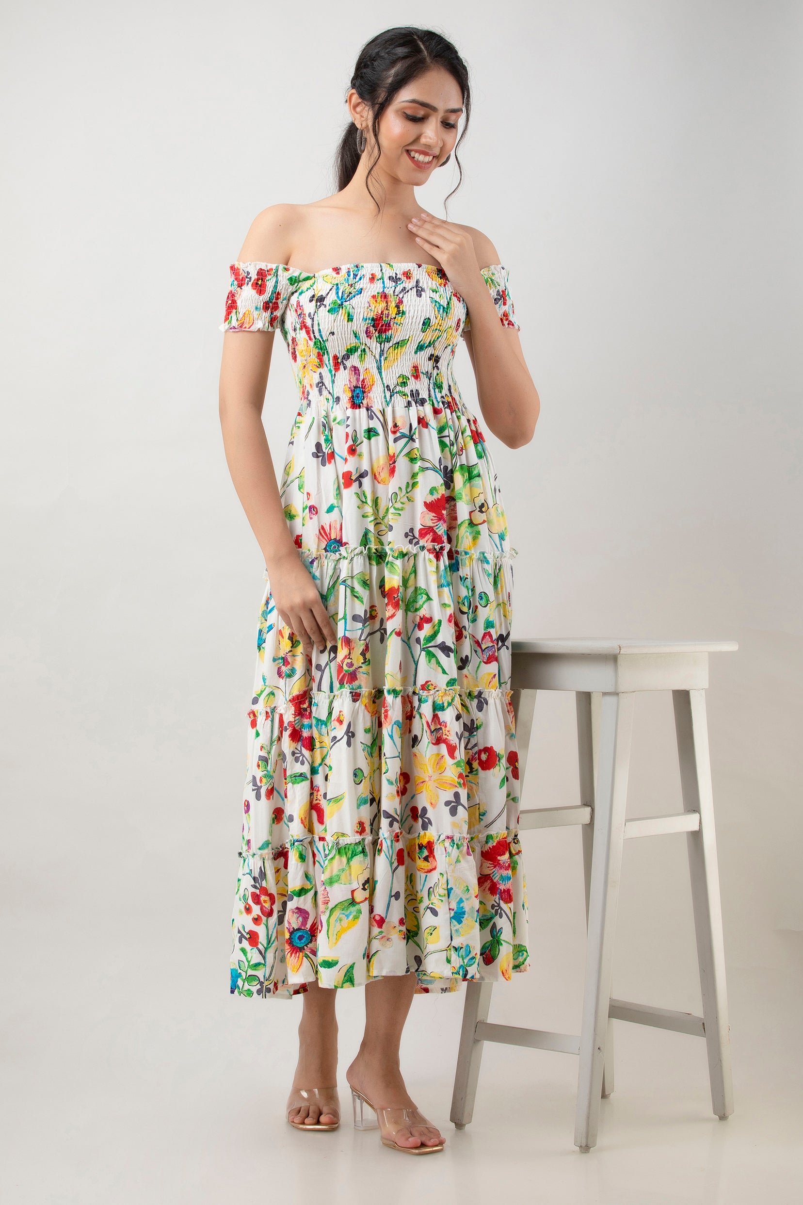 Aawari Women's White Multi-color Floral Printed Rayon Off-Shoulder Smocked Tiered Maxi Dress - Dresses / Maxi Dresses / Western Wear