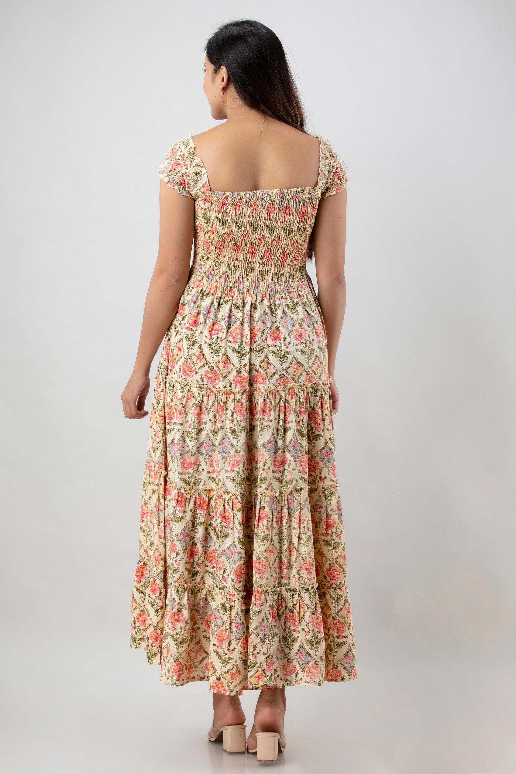 Aawari Bohemian Chic Peach & Pink Floral Block Print Smocked Tiered Maxi Dress - Dresses / Maxi Dresses / Western Wear