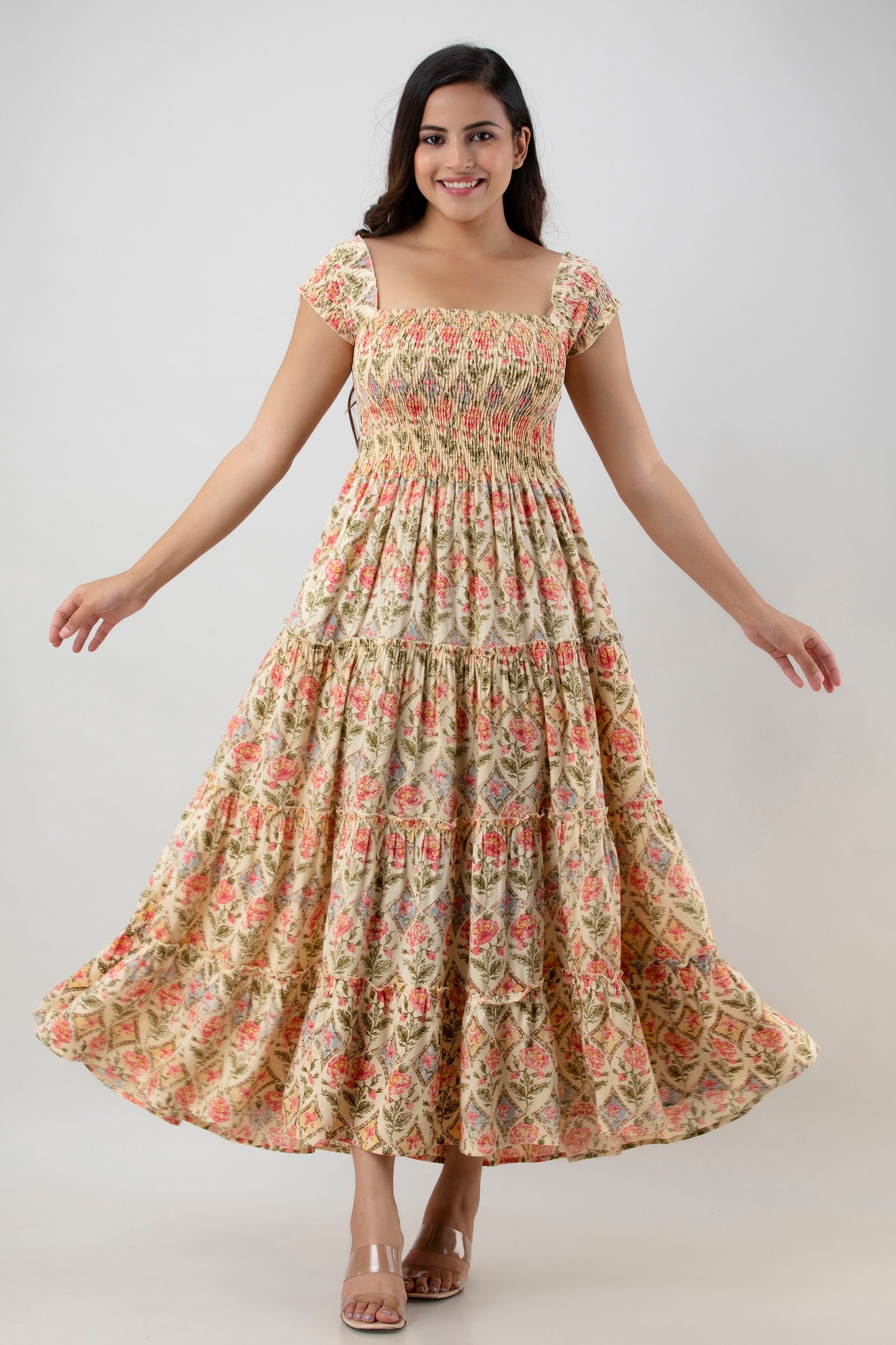 Aawari Bohemian Chic Peach & Pink Floral Block Print Smocked Tiered Maxi Dress - Dresses / Maxi Dresses / Western Wear