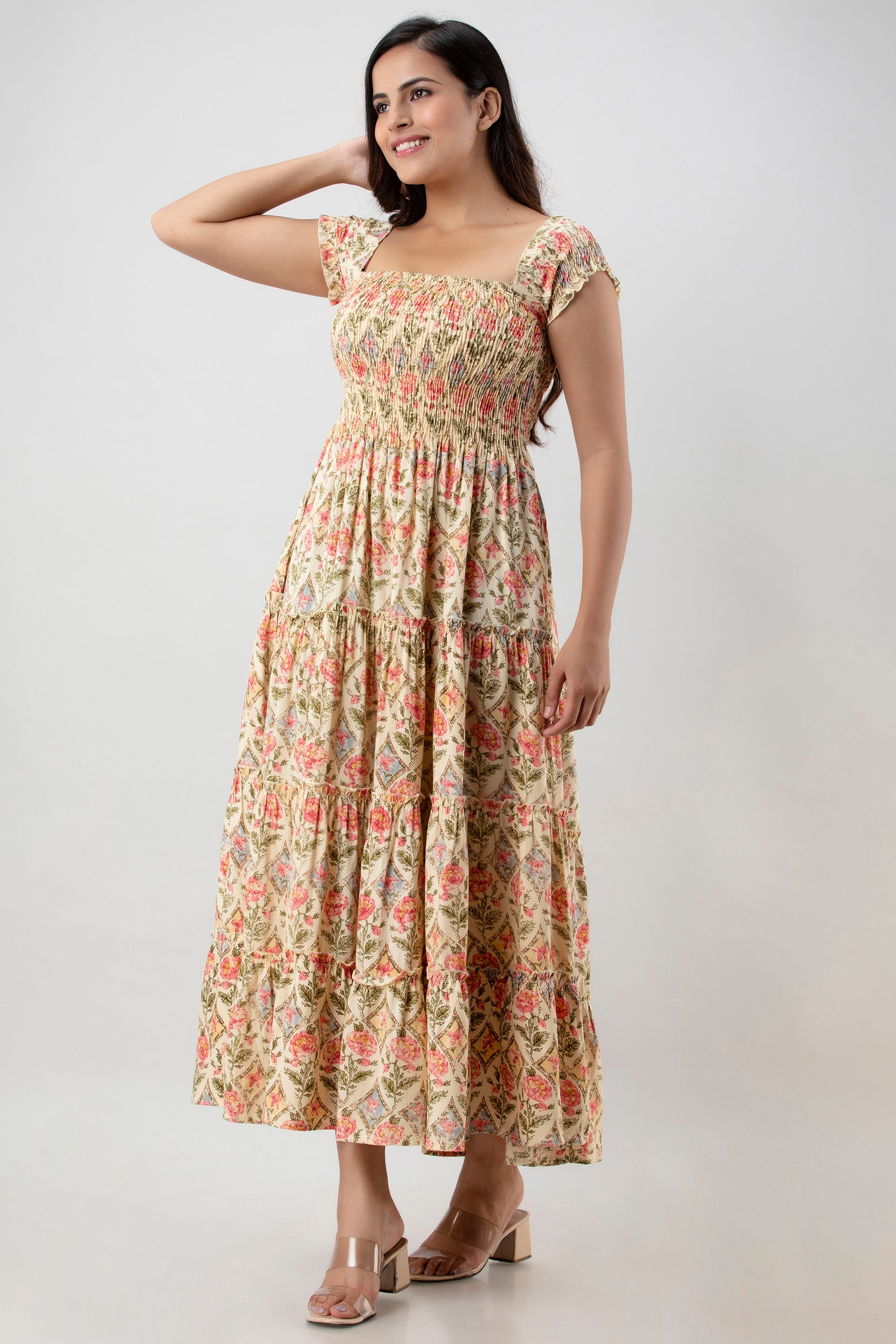 Aawari Bohemian Chic Peach & Pink Floral Block Print Smocked Tiered Maxi Dress - Dresses / Maxi Dresses / Western Wear