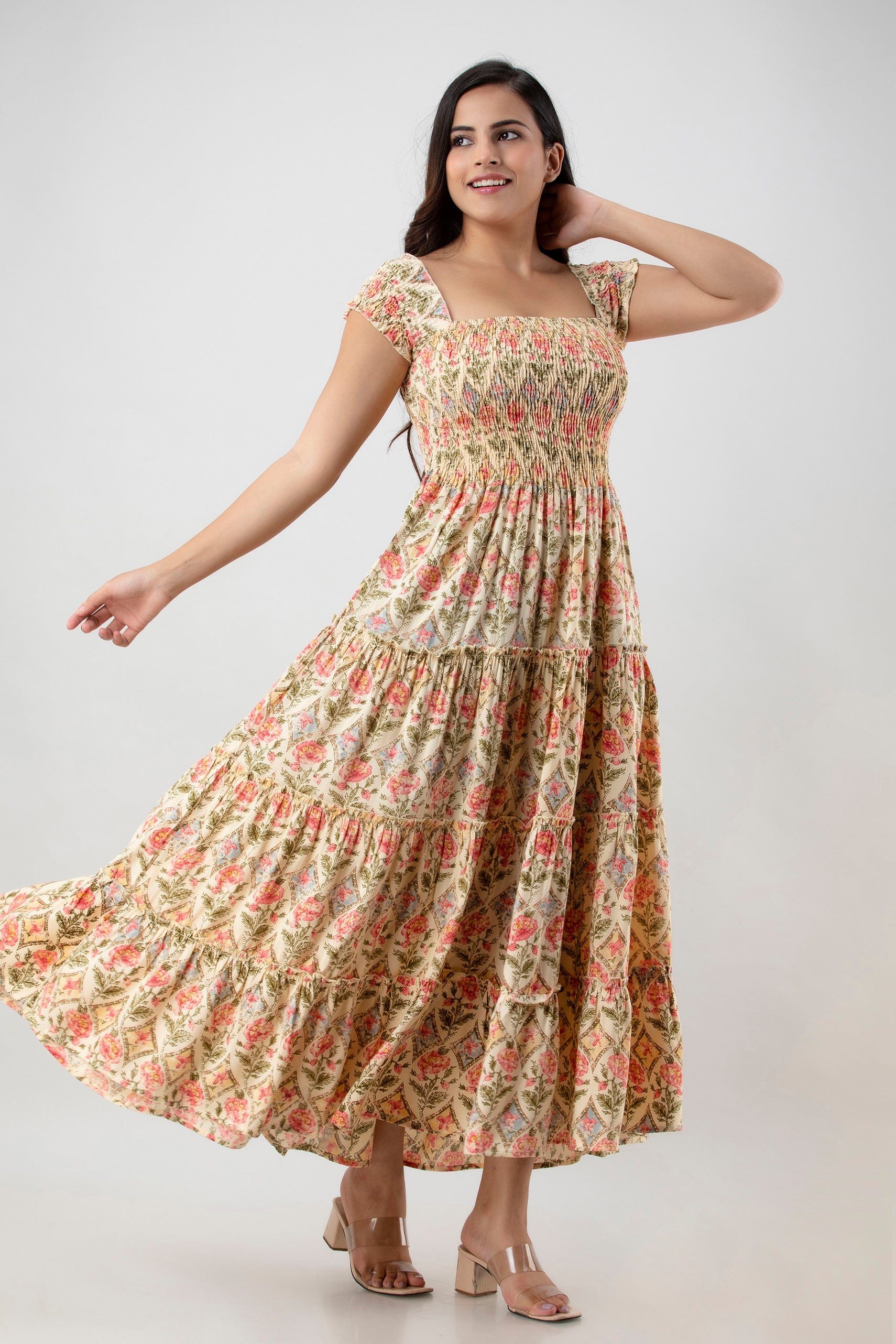 Aawari Bohemian Chic Peach & Pink Floral Block Print Smocked Tiered Maxi Dress - Dresses / Maxi Dresses / Western Wear