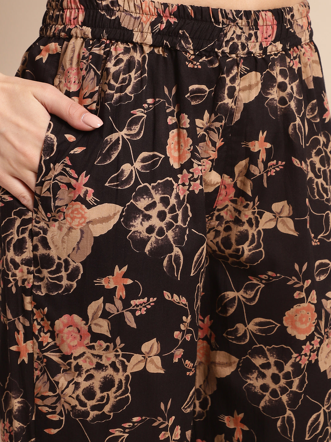 Aawari Women's Black & Beige Floral Printed Cotton Wrap-Style Co-ord Set - Co-ord Sets / Western Wear