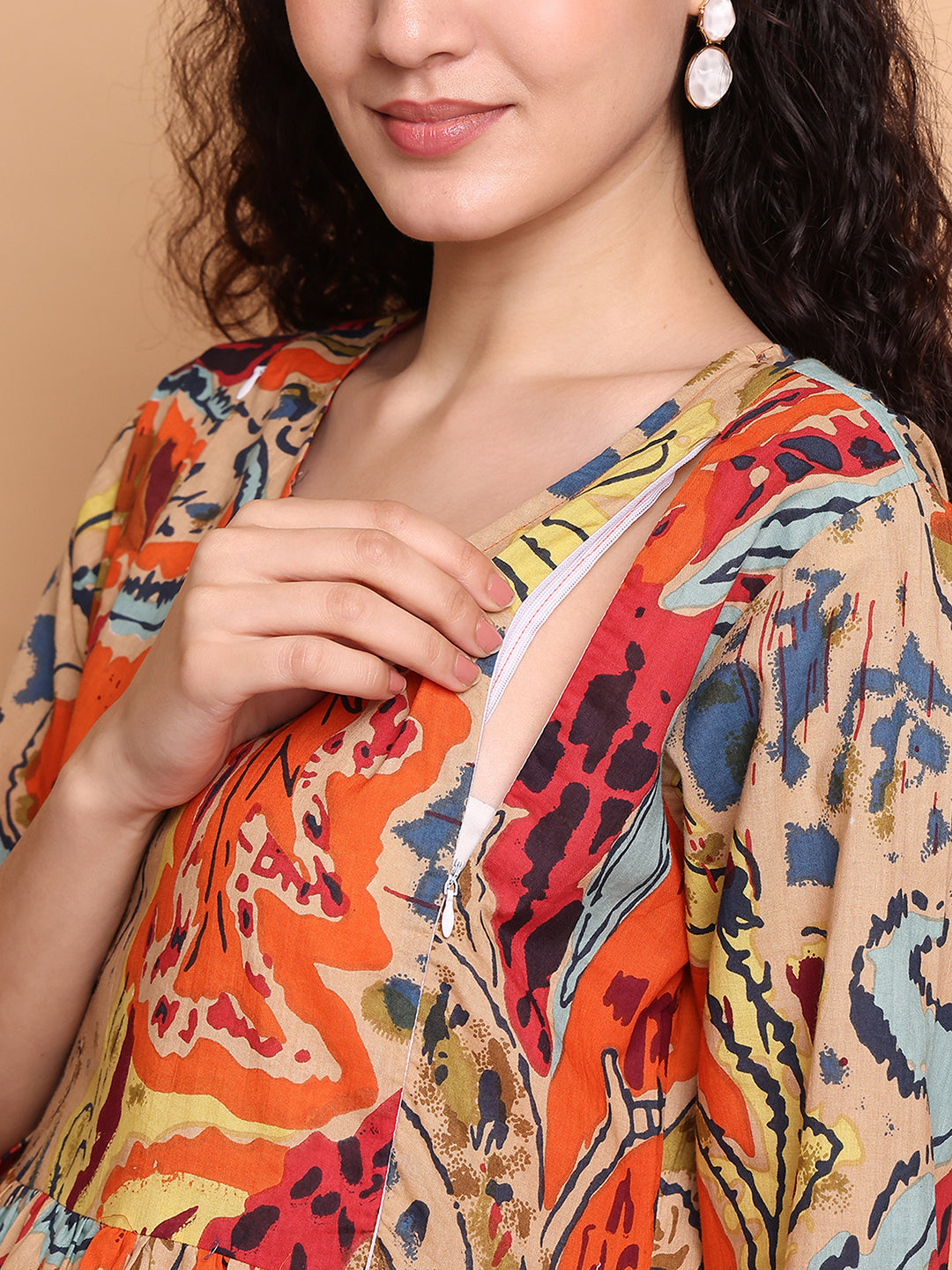 Aawari Bohemian Orange Multicolor Printed Cotton Maternity Dresses with 3/4 Sleeves