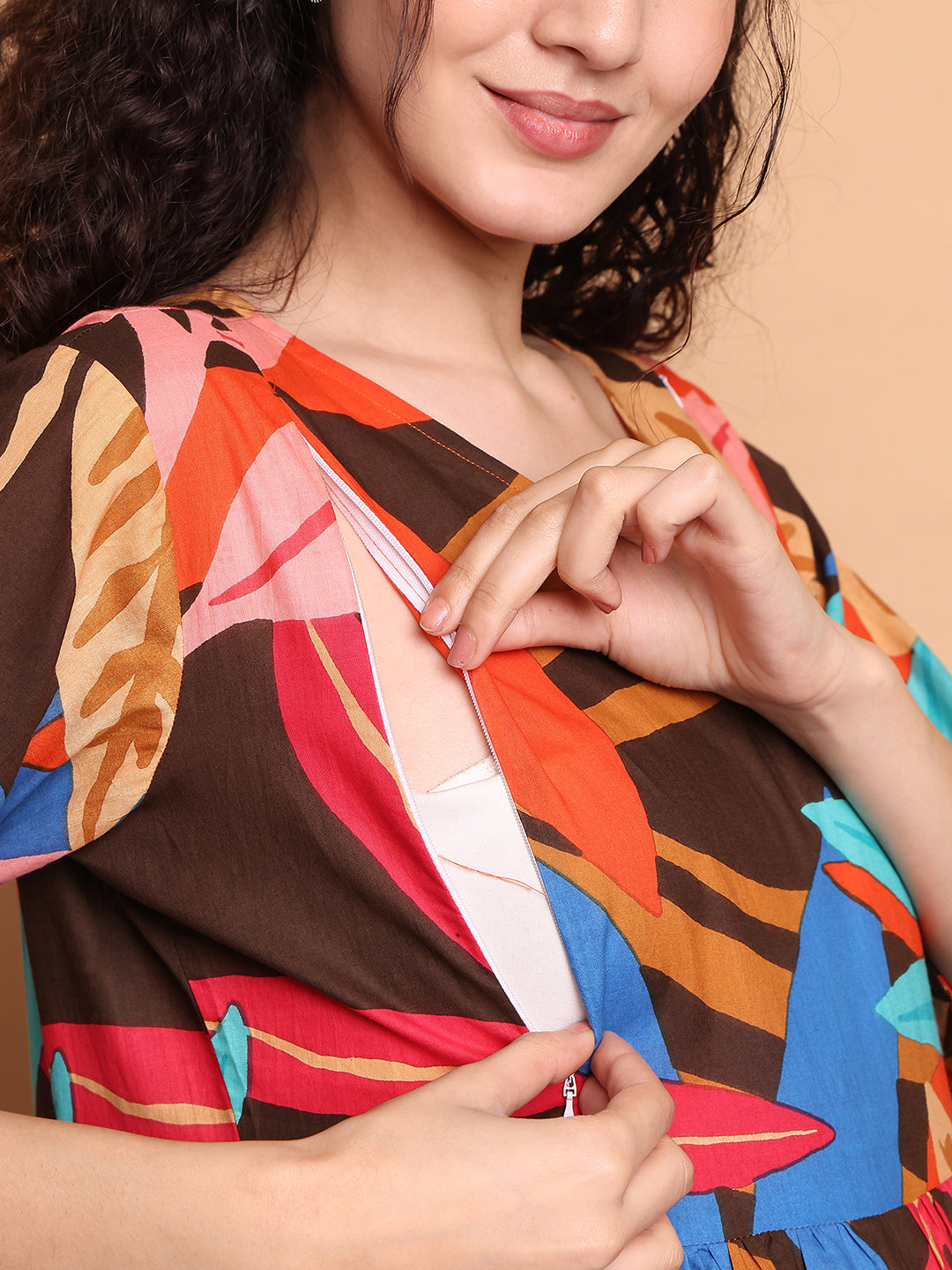 Aawari Brown Multicolor Leaf Print Cotton Maternity Dresses with 3/4 Sleeves