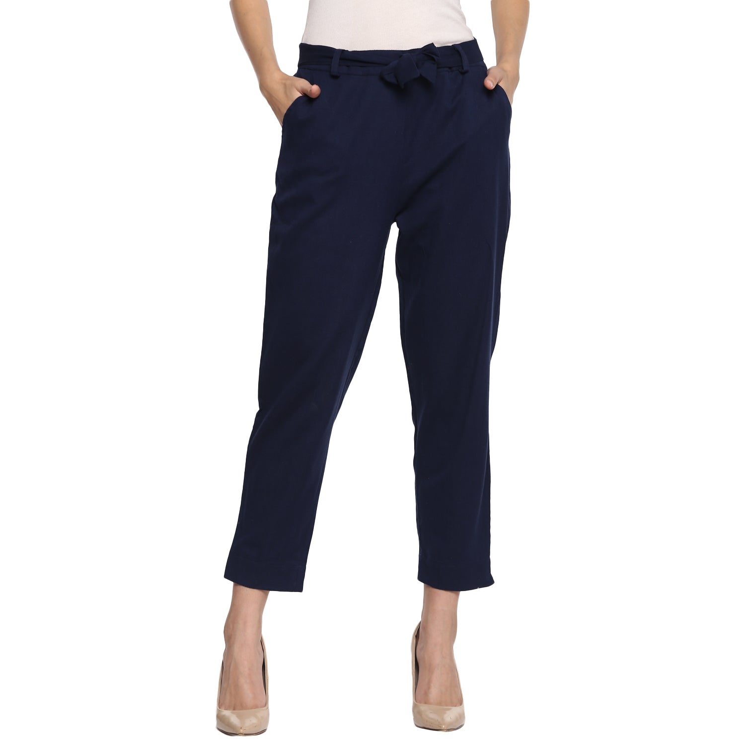 Aawari Women Cotton Solid Belt Pants