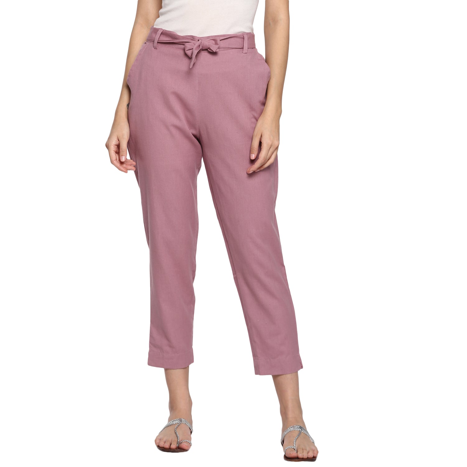 Aawari Women Cotton Solid Belt Pants
