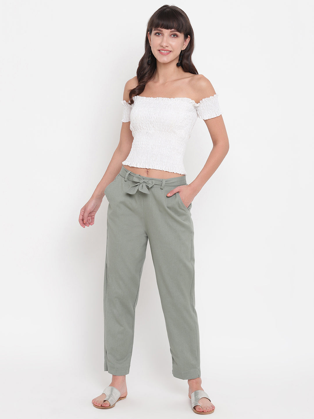Aawari's Women Cotton Solid Belt Pants