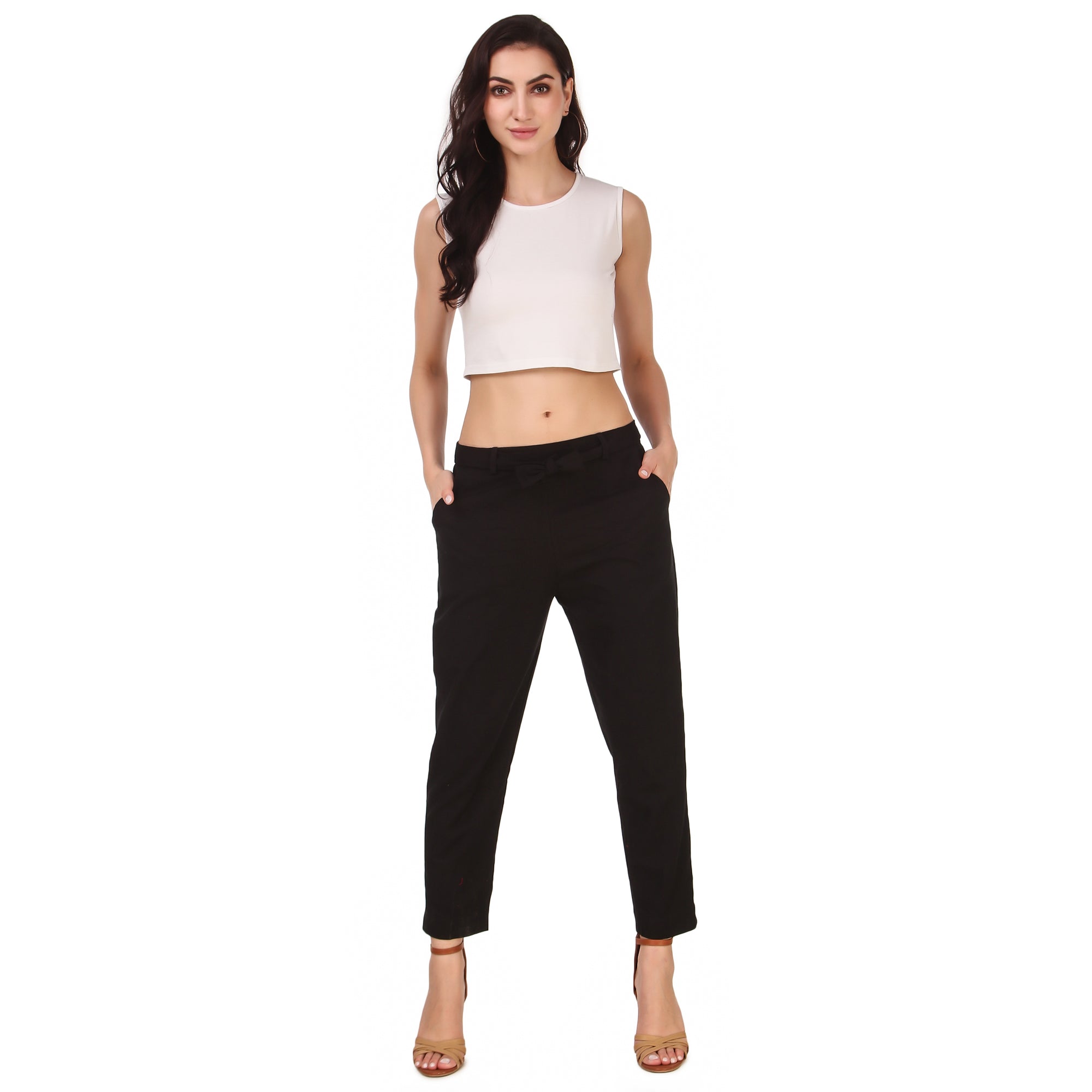 Aawari Women Cotton Solid Belt Pants