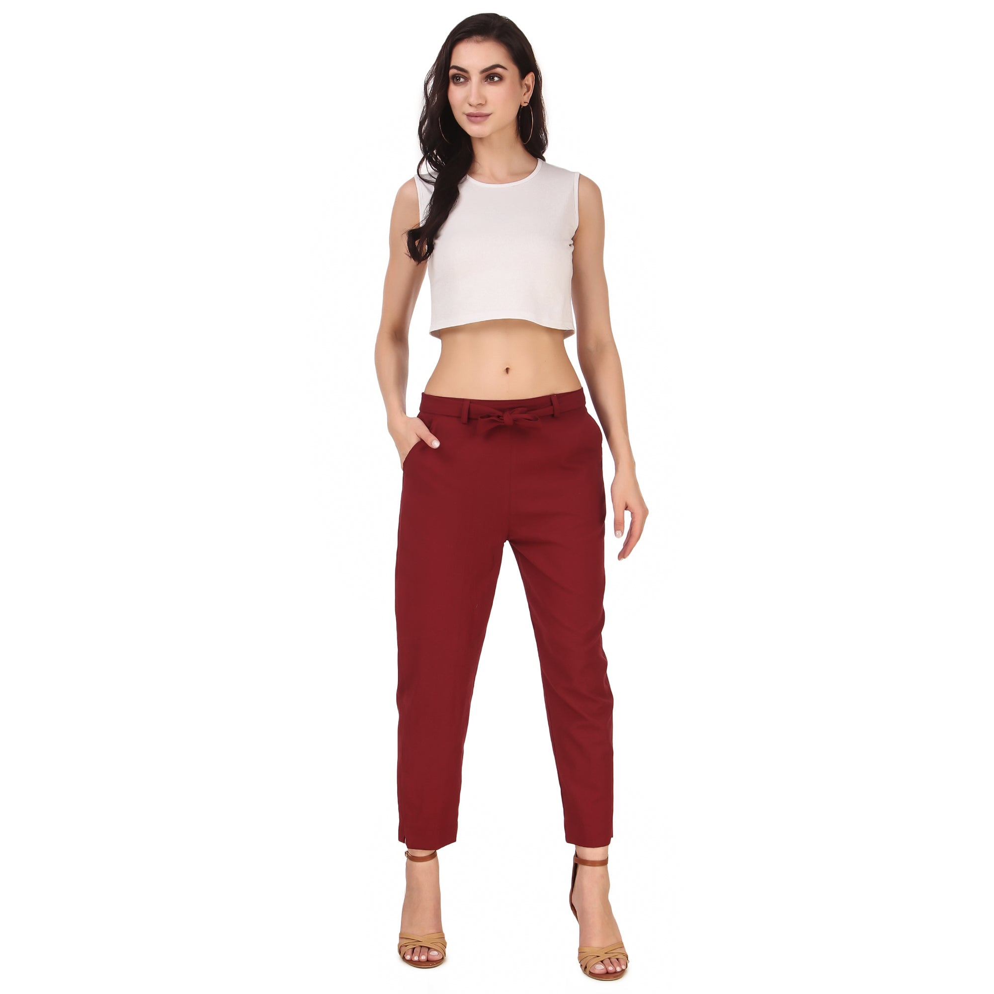 Aawari Women Cotton Solid Belt Pants