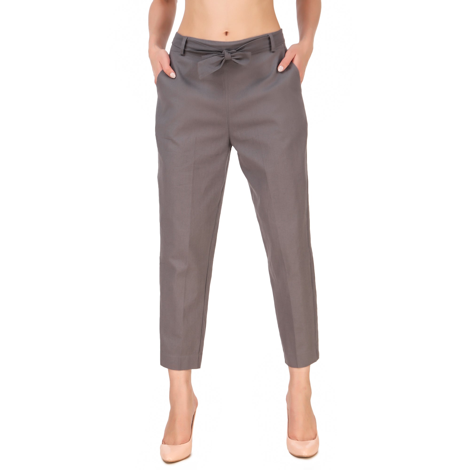 Aawari Women Cotton Solid Belt Pants