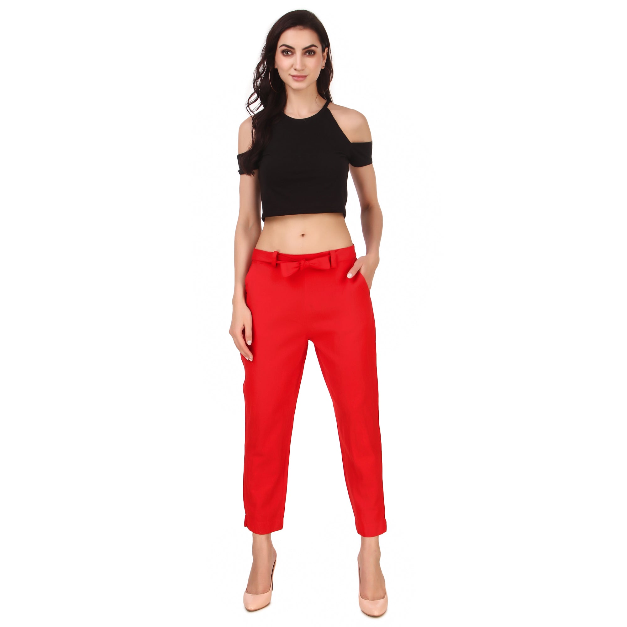 Aawari Women Cotton Solid Belt Pants