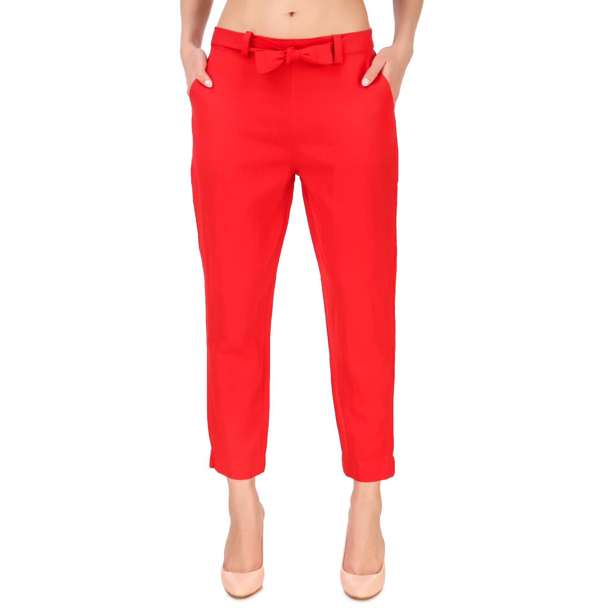 Aawari Women Cotton Solid Belt Pants