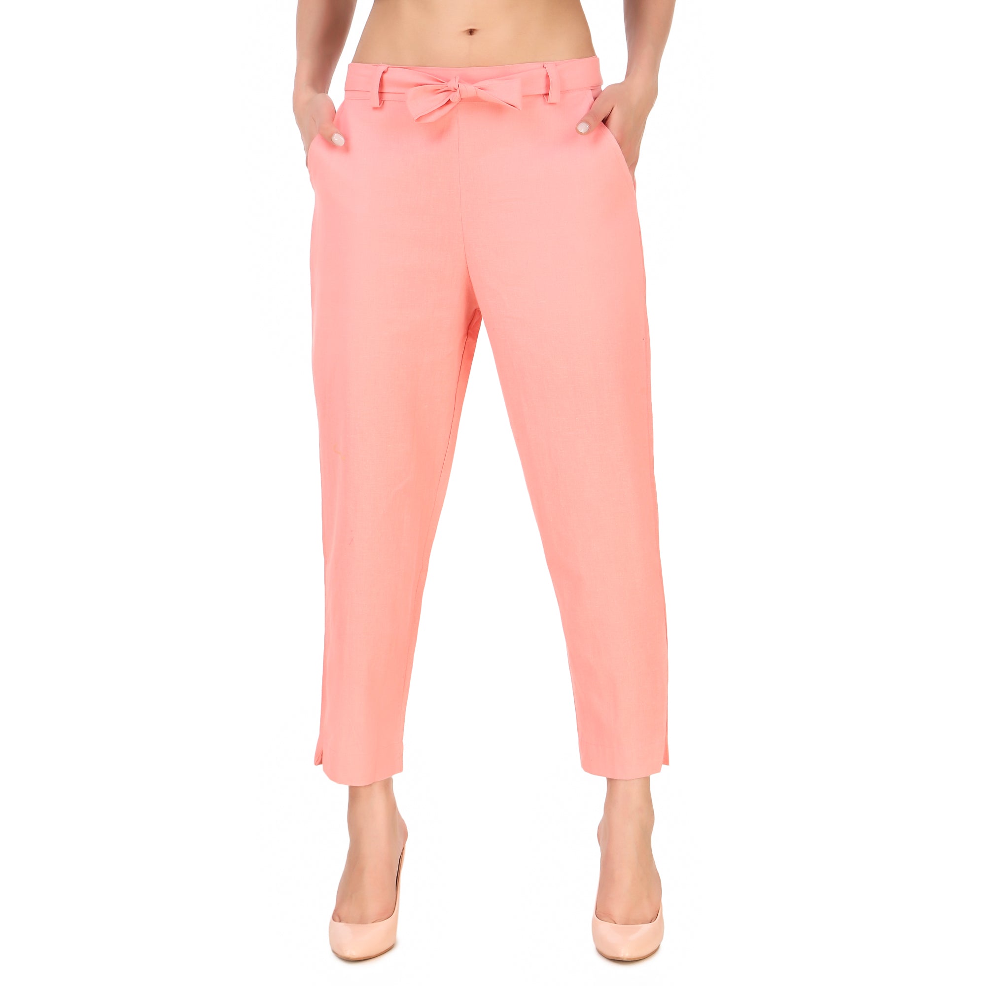 Aawari Women Cotton Solid Belt Pants