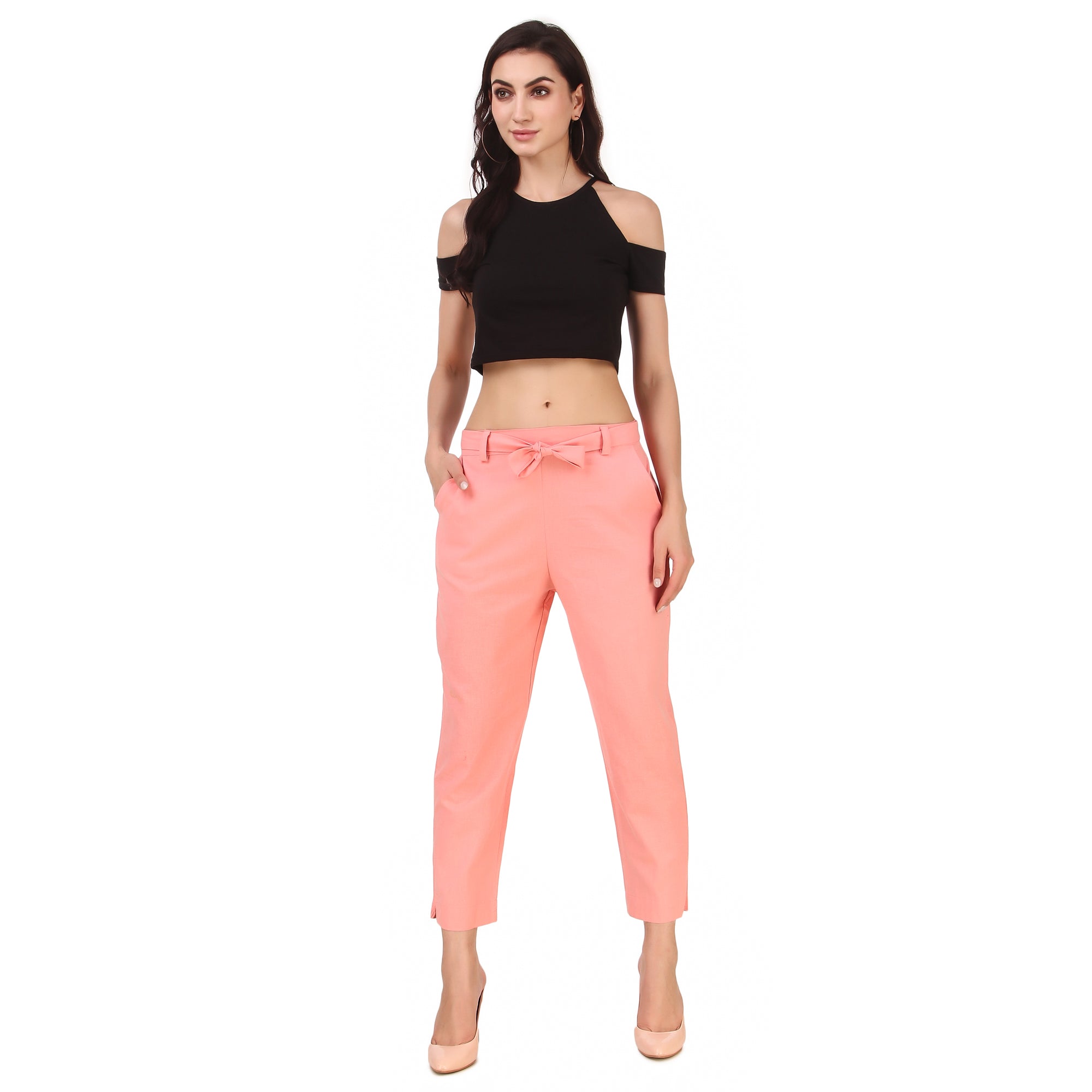 Aawari Women Cotton Solid Belt Pants