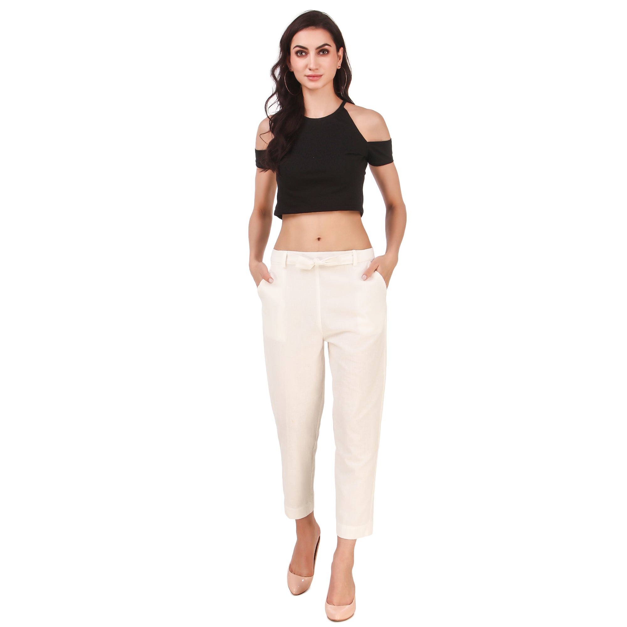 Aawari's Women Cotton Solid Belt Pants