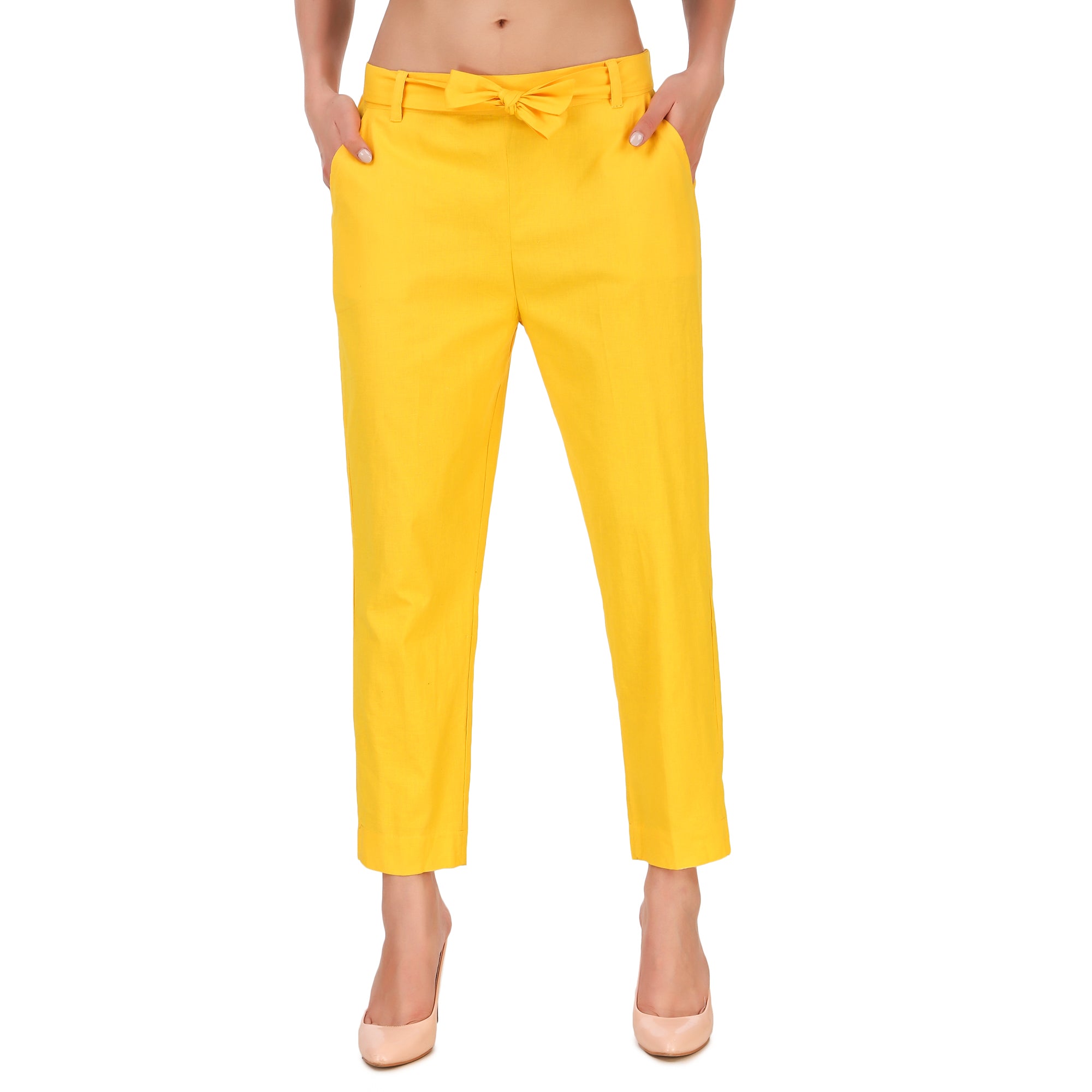 Aawari Women Cotton Solid Belt Pants