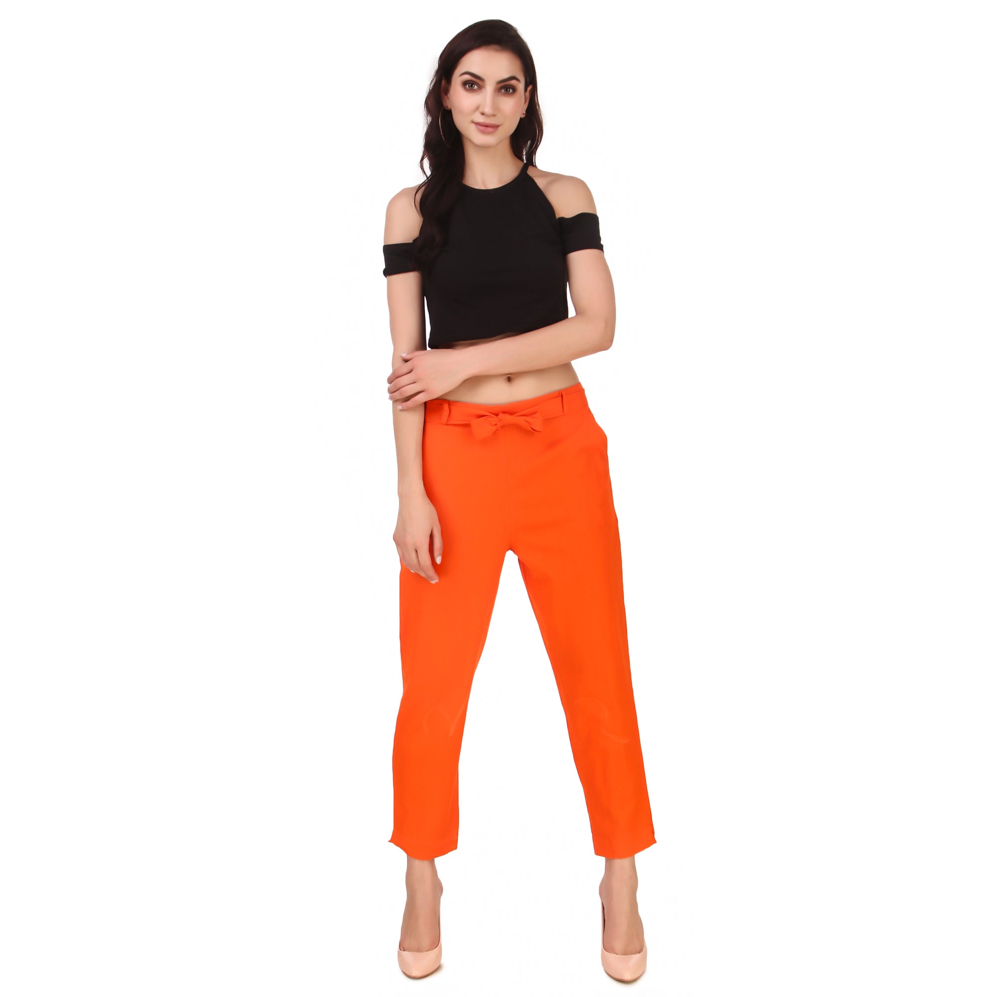 Aawari Women Cotton Solid Belt Pants