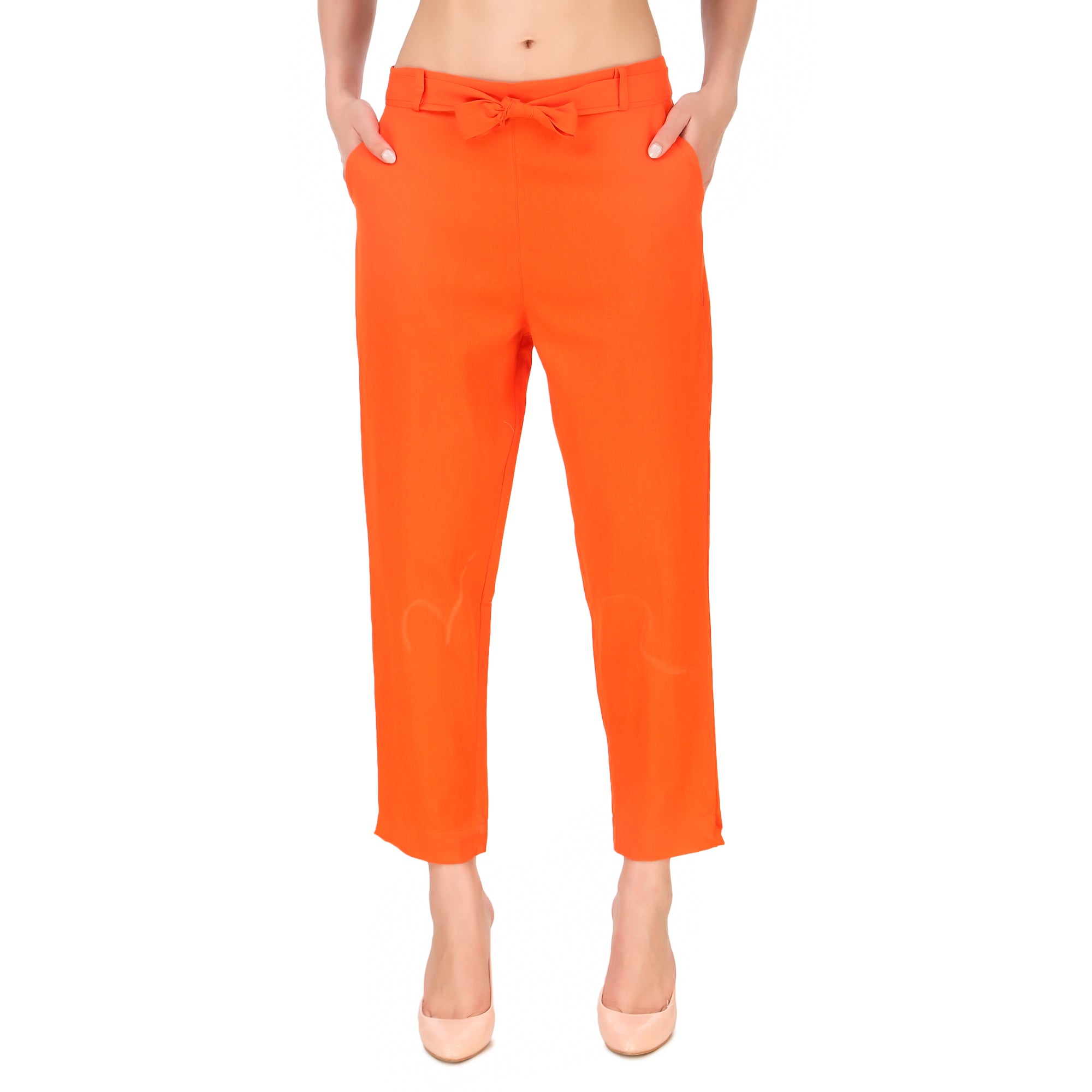 Aawari Women Cotton Solid Belt Pants