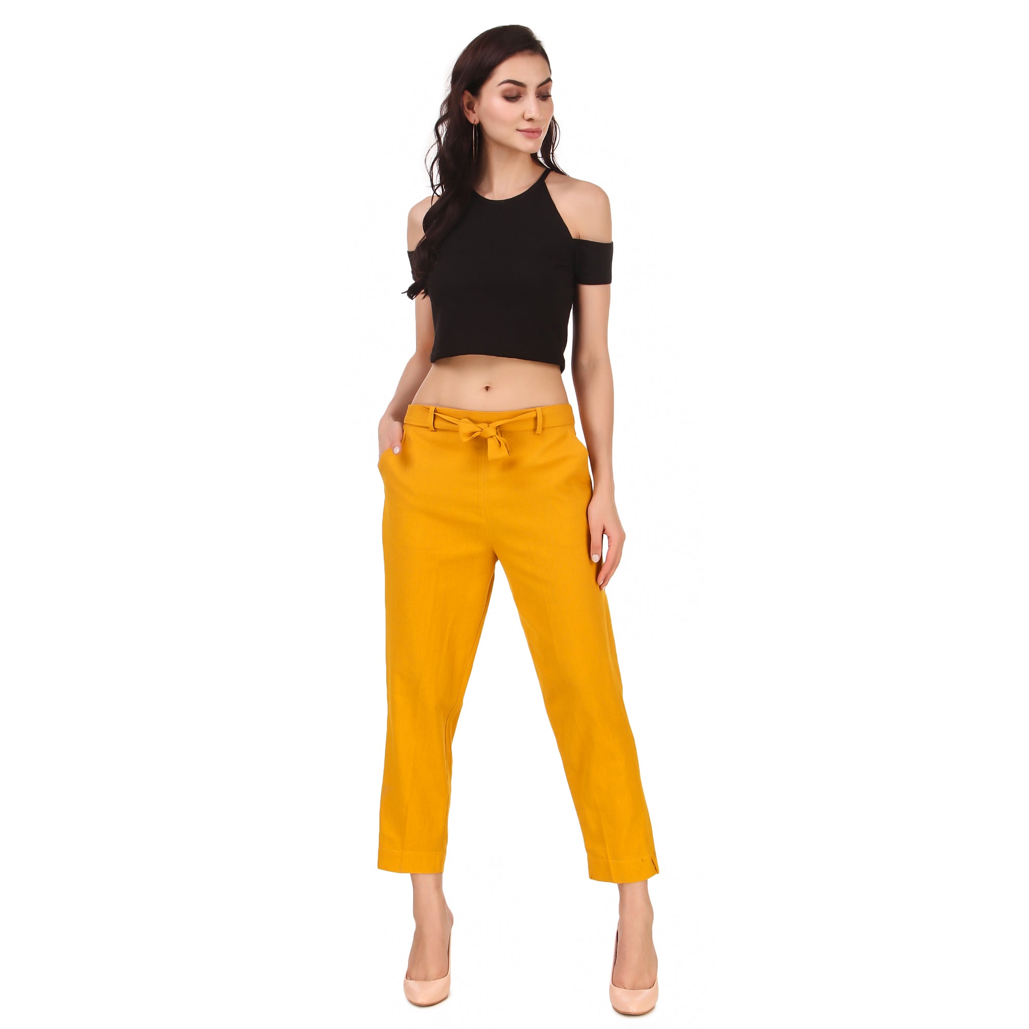 Aawari's Women Cotton Solid Belt Pants