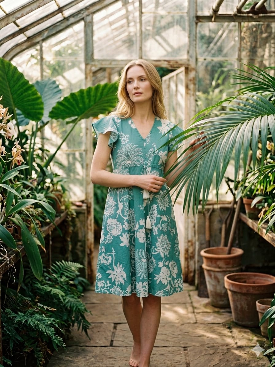 Women's Sky Blue Floral Printed Cotton Umbrella Style A-Line Dress wit Aawari Women's Sky Blue Floral Printed Cotton Umbrella Style A-Line Dress wit Aawari