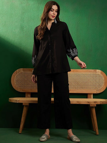 Aawari Black Co-ord Set With Embroidered Balloon Sleeves - Elegant Western Wear for Women