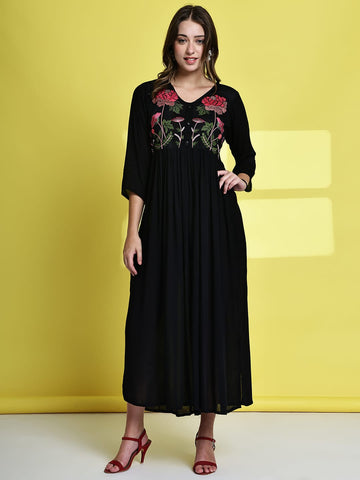 Aawari Black Rayon Crepe Floral Embroidered Long Dresses