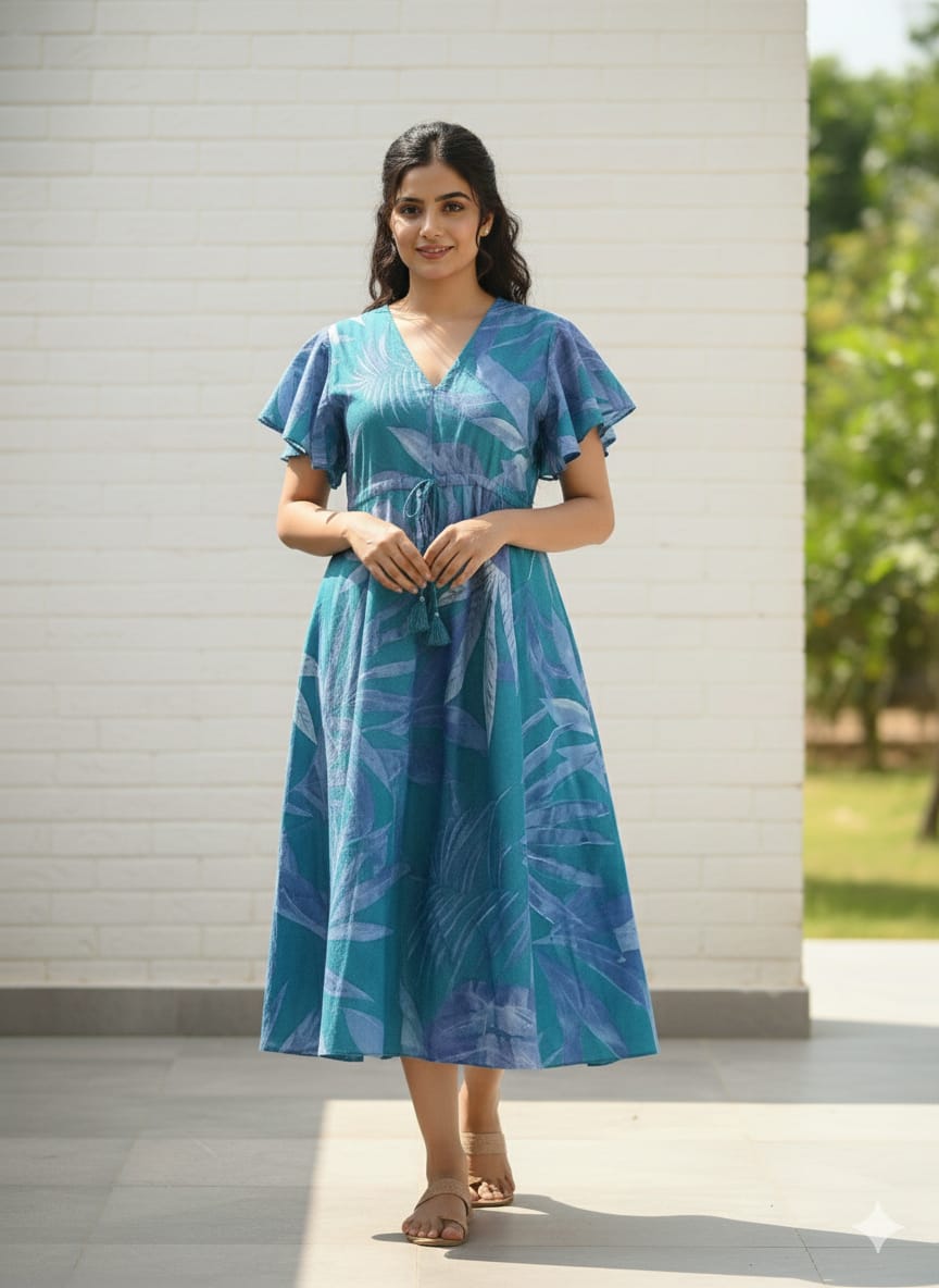 Tropical Print Cotton Midi Dress | Blue V-Neck Flutter Sleeves Aawari Tropical Print Cotton Midi Dress | Blue V-Neck Flutter Sleeves Aawari