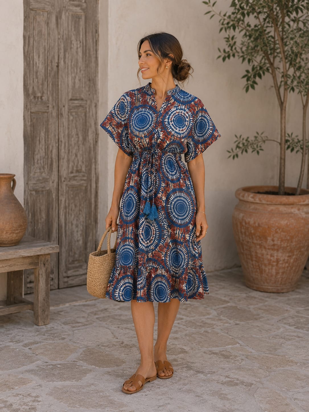 ethnic midi dress Women's Blue Ethnic Printed Tie-Waist Midi Dress – Aawari