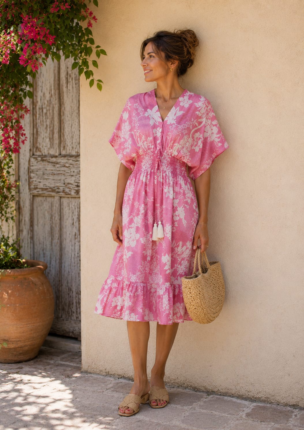 smocked waist midi dress Women's Pink Floral Print Smocked Waist Midi Dress – Aawari