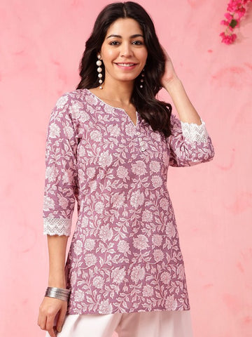 Aawari Floral Printed Mauve Cotton Short Kurti For Women - 3/4 Sleeve Daily Wear Top