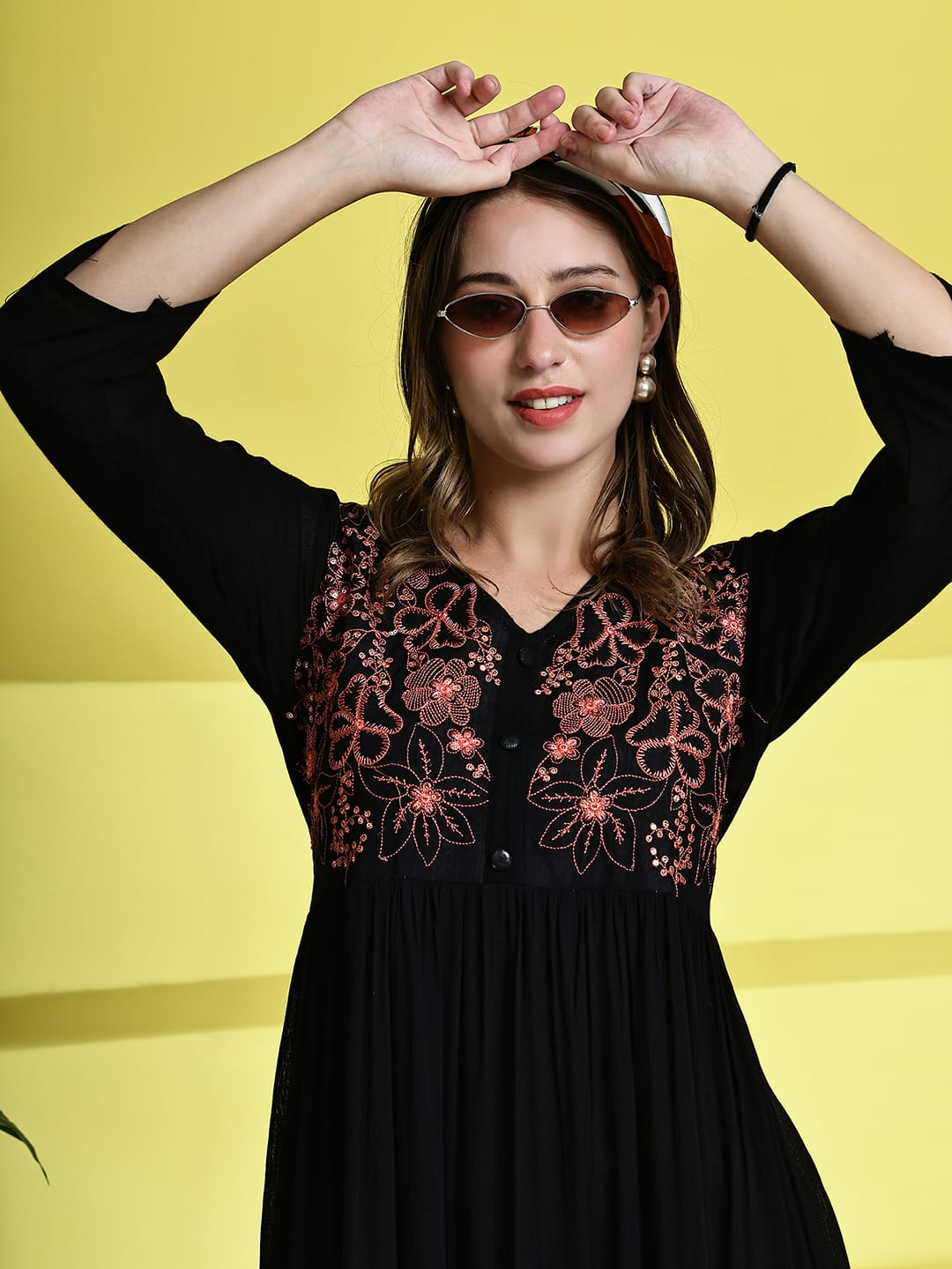 Aawari Women's Black Maxi Dresses with Red Floral Embroidery - Elegant Long Dress for Party & Festive Wear / Dresses / Western Wear