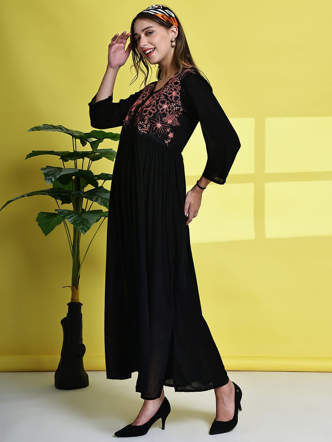 Aawari Women's Black Maxi Dresses with Red Floral Embroidery - Elegant Long Dress for Party & Festive Wear / Dresses / Western Wear