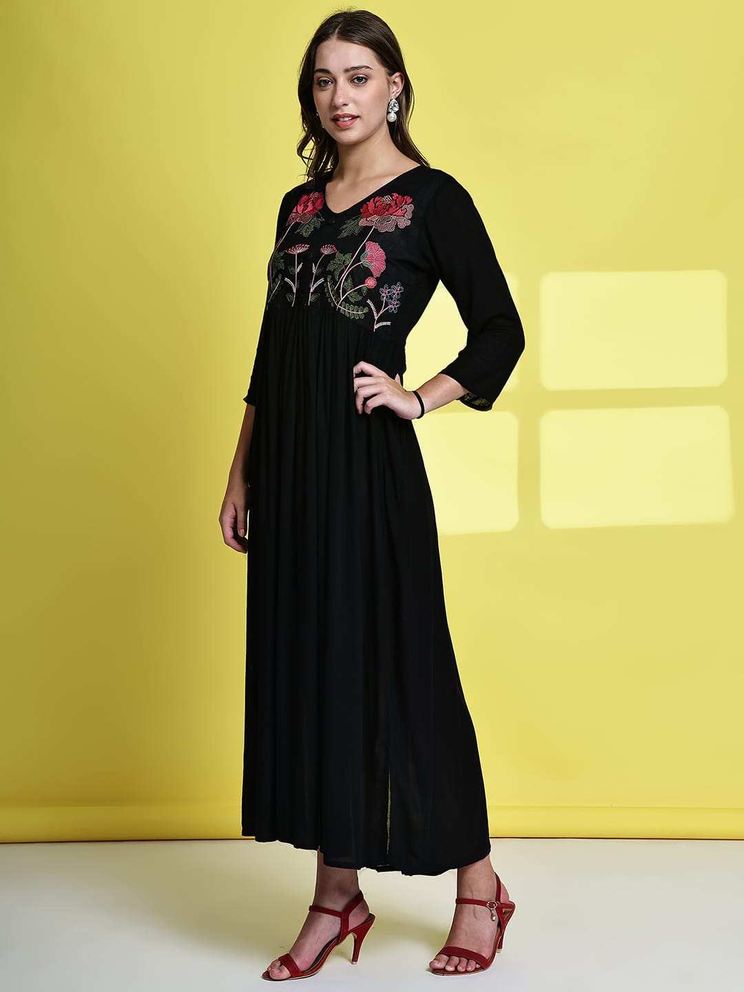 Aawari Women's Black Maxi Dresses with Floral Embroidery - Elegant Long Dress for Party & Festive Wear / Dresses / Western Wear