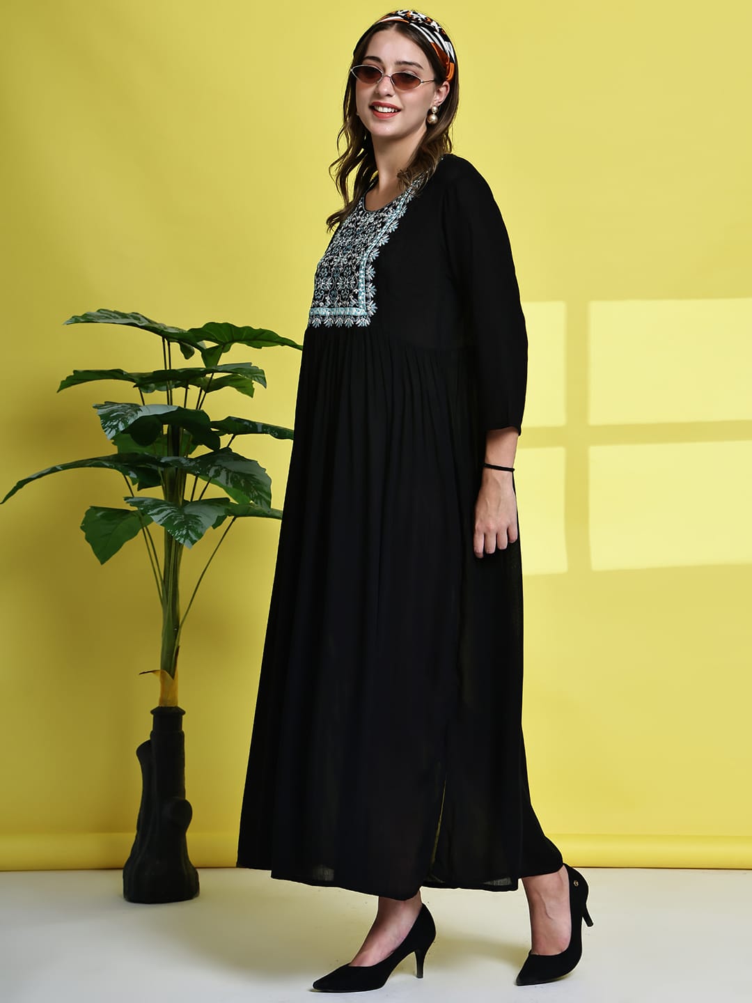 Aawari Women's Black Maxi Dresses with Blue Embroidered Yoke - Elegant Long Dress for Party & Festive Wear / Dresses / Western Wear