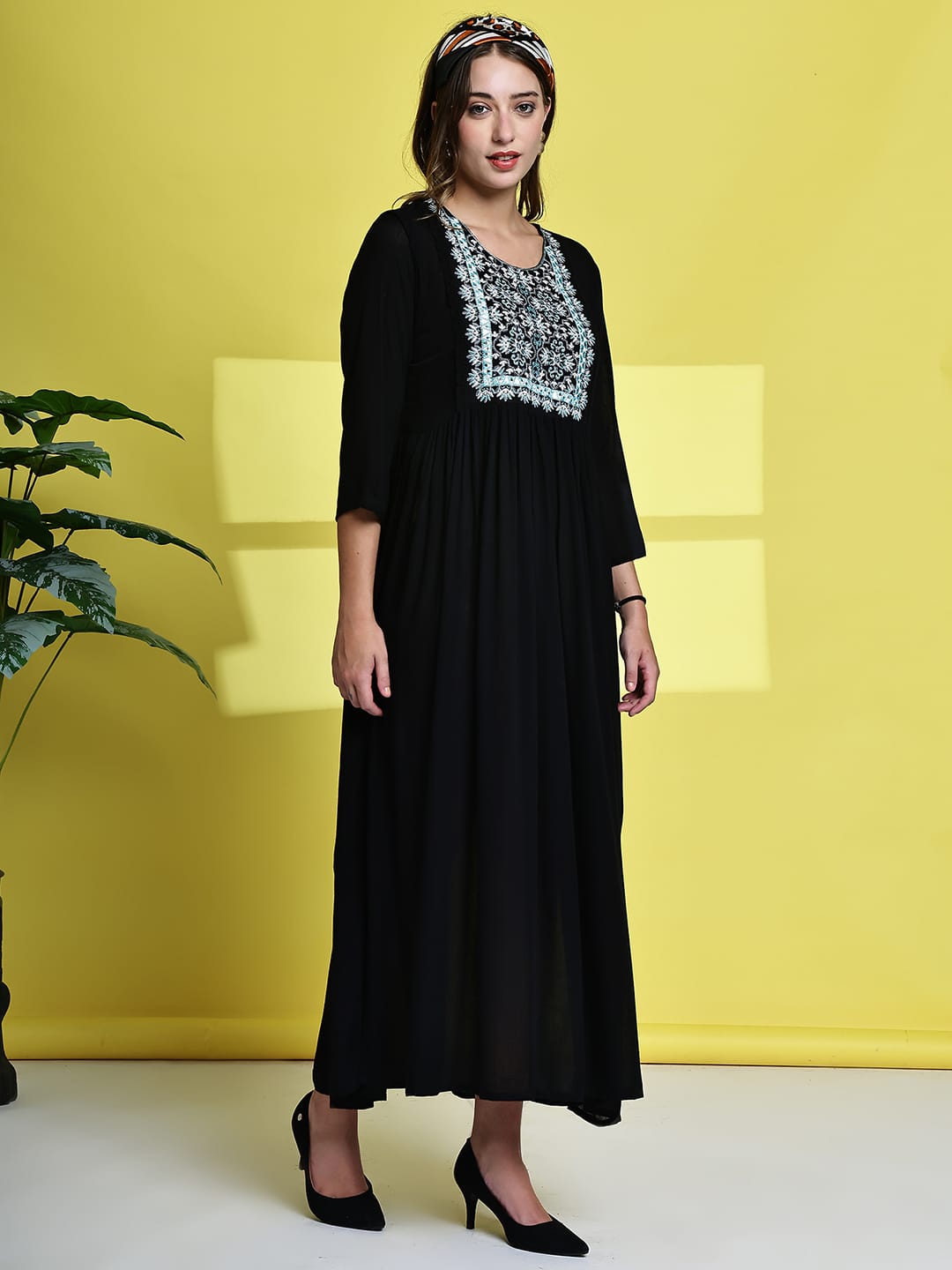 Aawari Women's Black Maxi Dresses with Blue Embroidered Yoke - Elegant Long Dress for Party & Festive Wear / Dresses / Western Wear