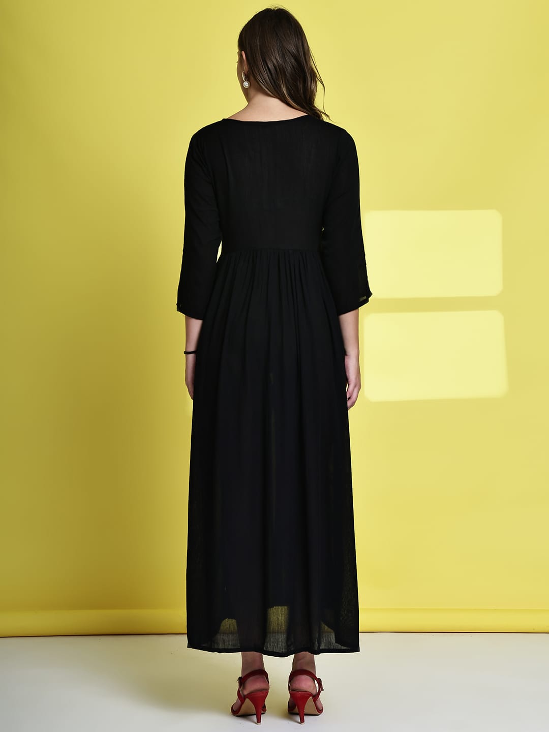 Aawari Women's Black Maxi Dresses with Blue Embroidered Yoke - Elegant Long Dress for Party & Festive Wear / Dresses / Western Wear