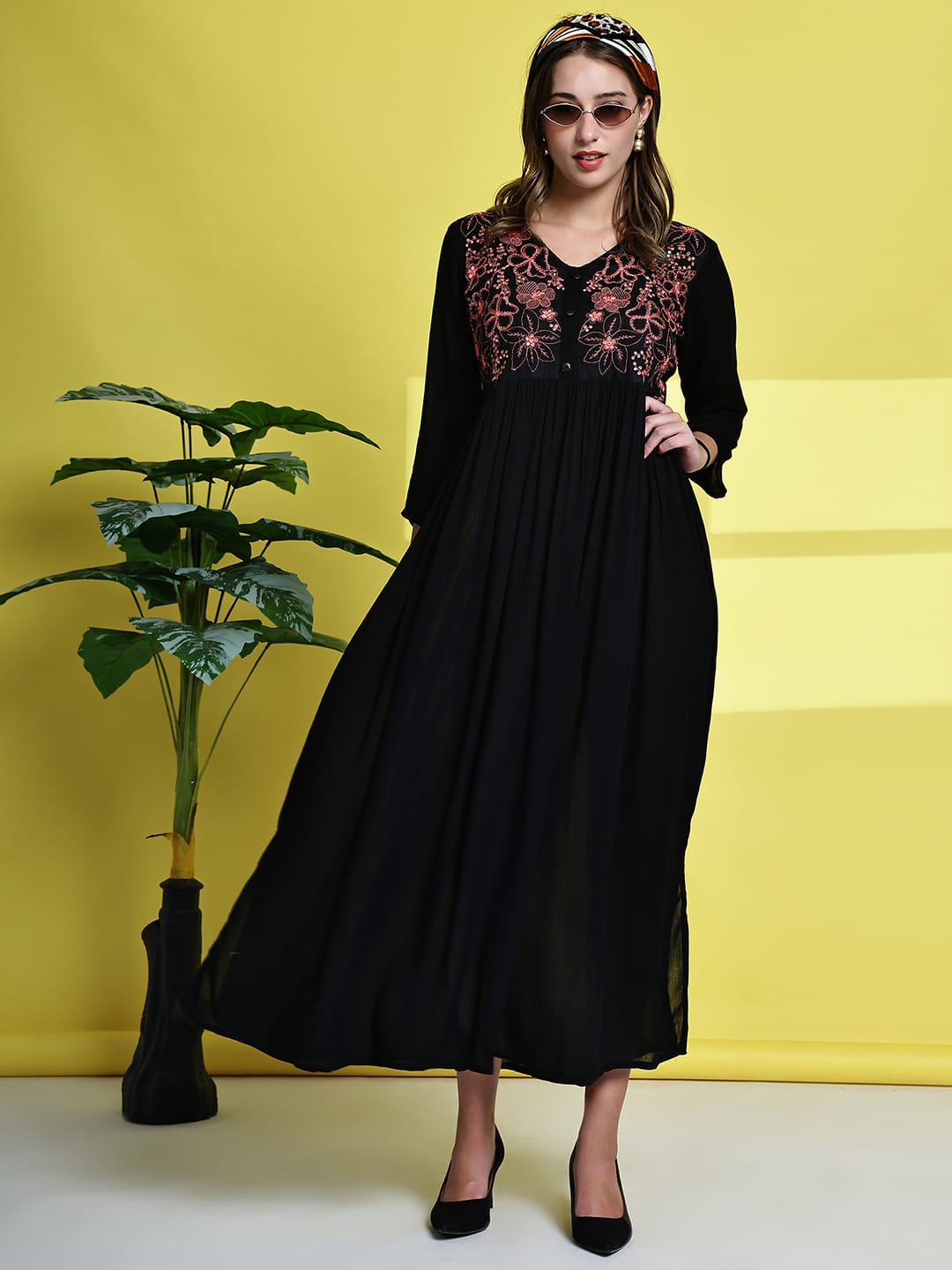 Aawari Women's Black Maxi Dresses with Red Floral Embroidery - Elegant Aawari Women's Black Maxi Dresses with Red Floral Embroidery - Elegant