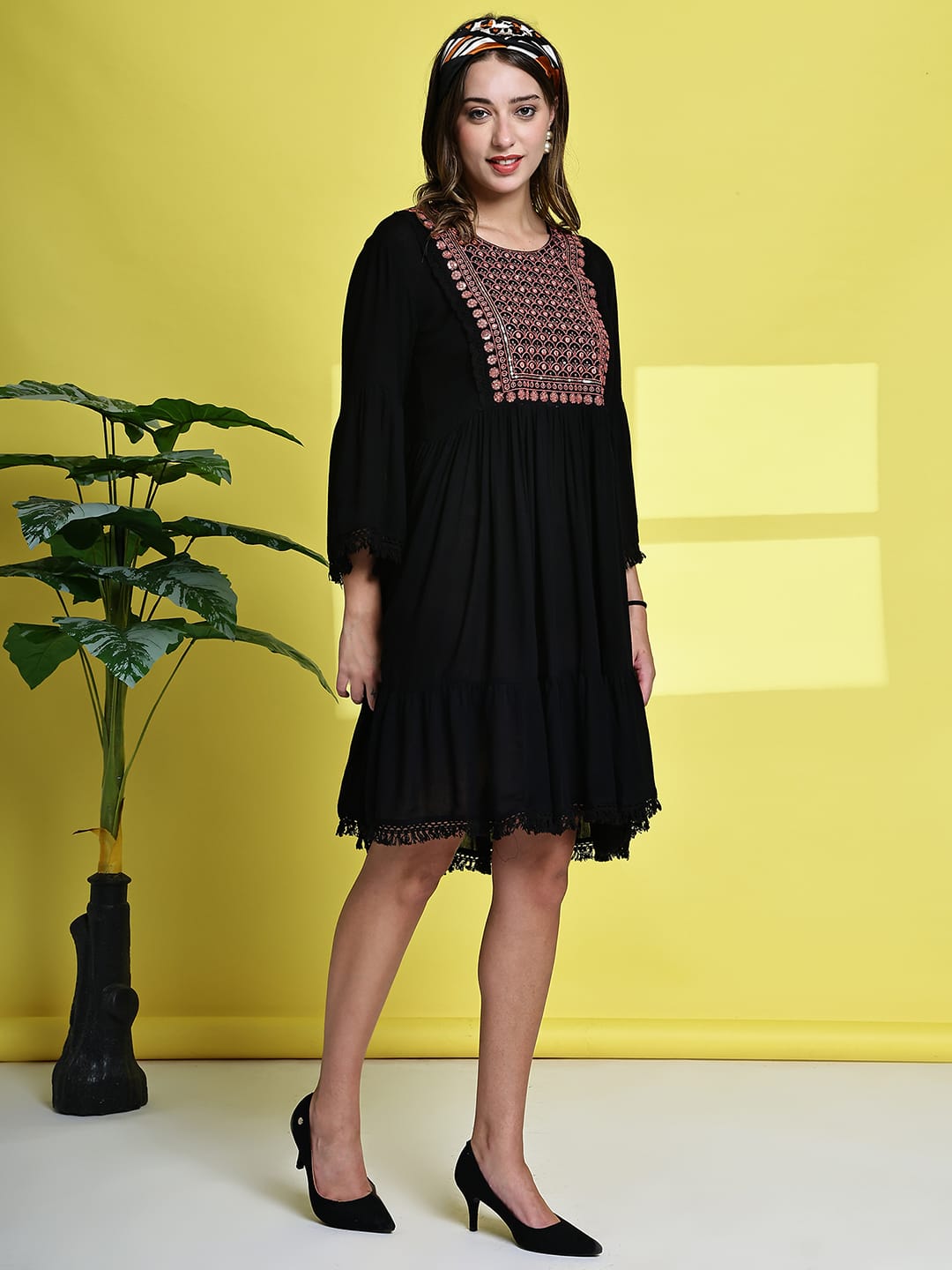 Aawari Black Short Dress with Geometric Embroidered Yoke - Midi Dresses / Western Wear