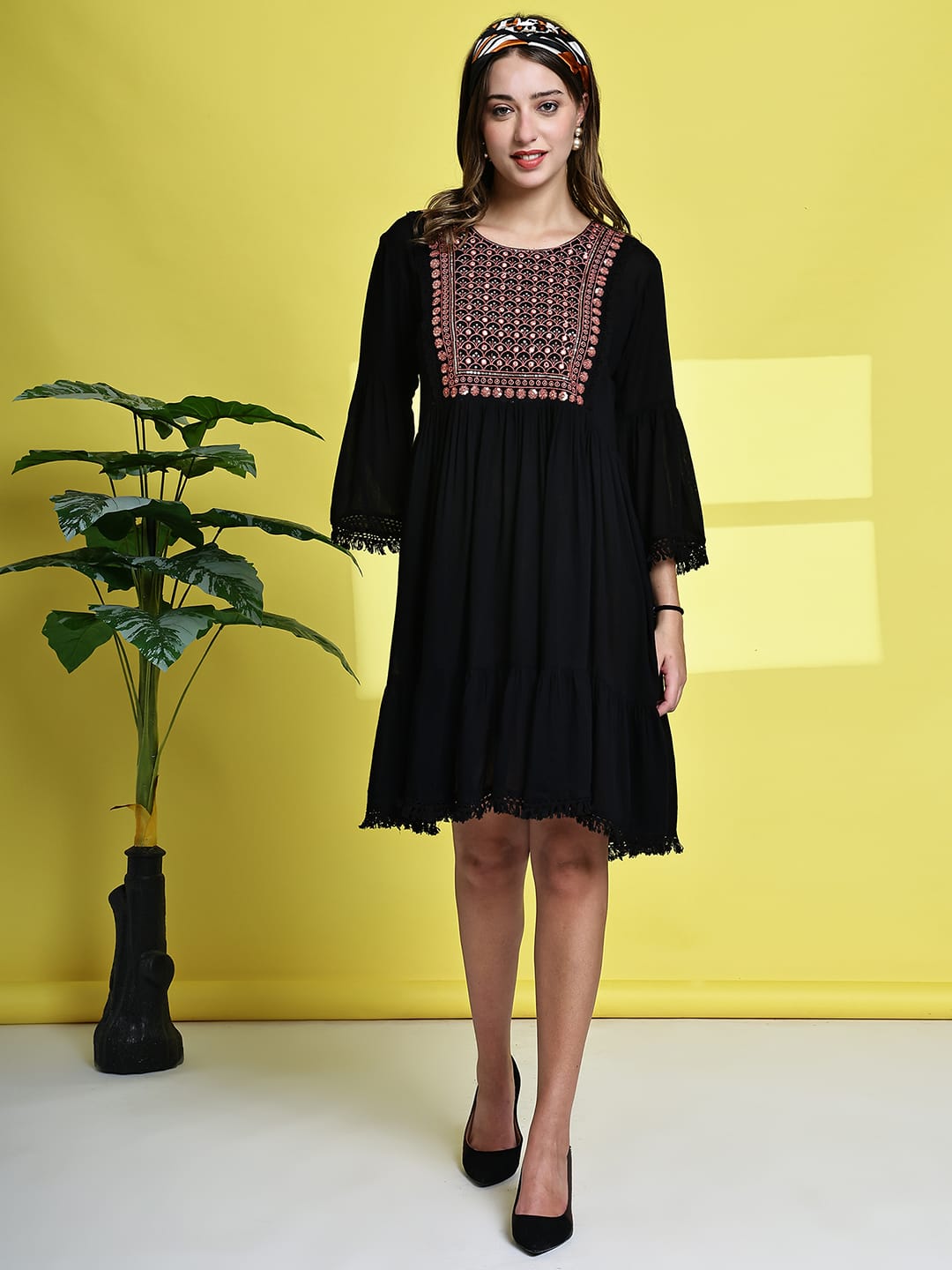Aawari Black Short Dress with Geometric Embroidered Yoke - Midi Dresses / Western Wear